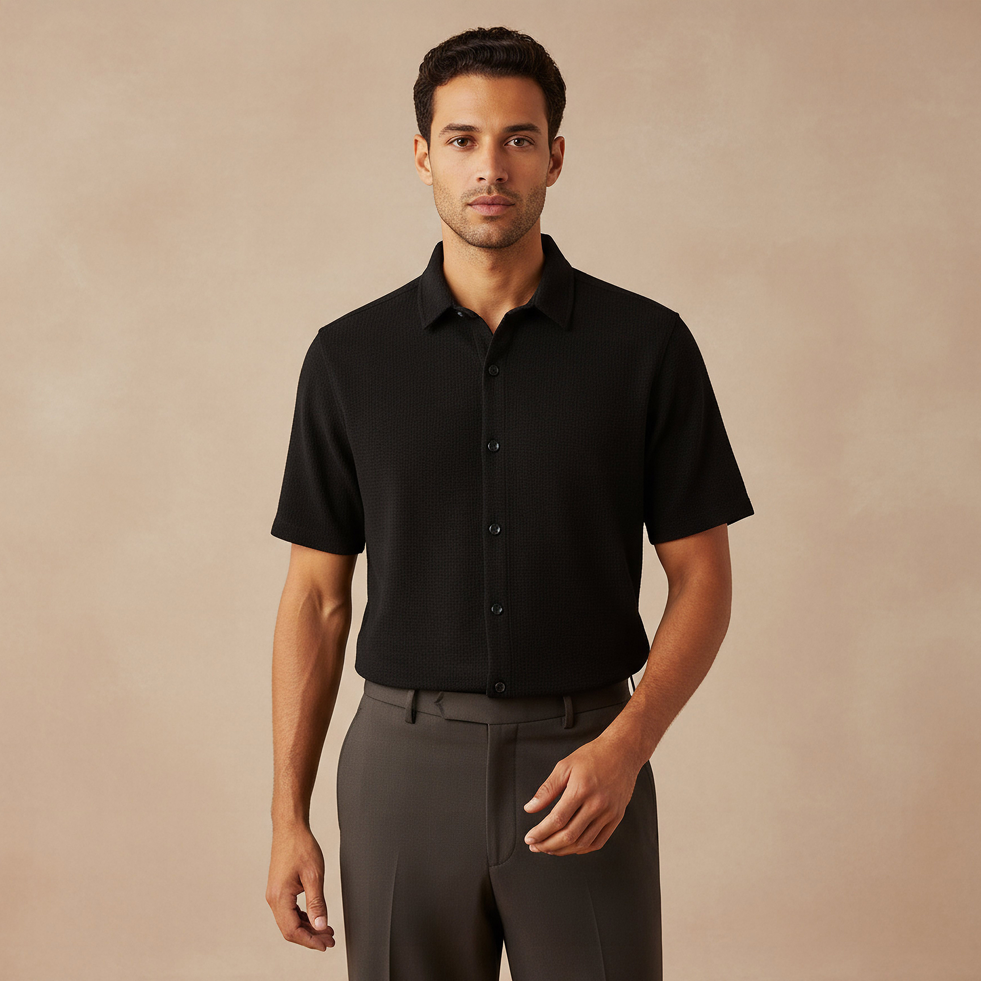 Men Slim Fit Textured Short Sleeves Shirt-men-clothing-shirts-image-1