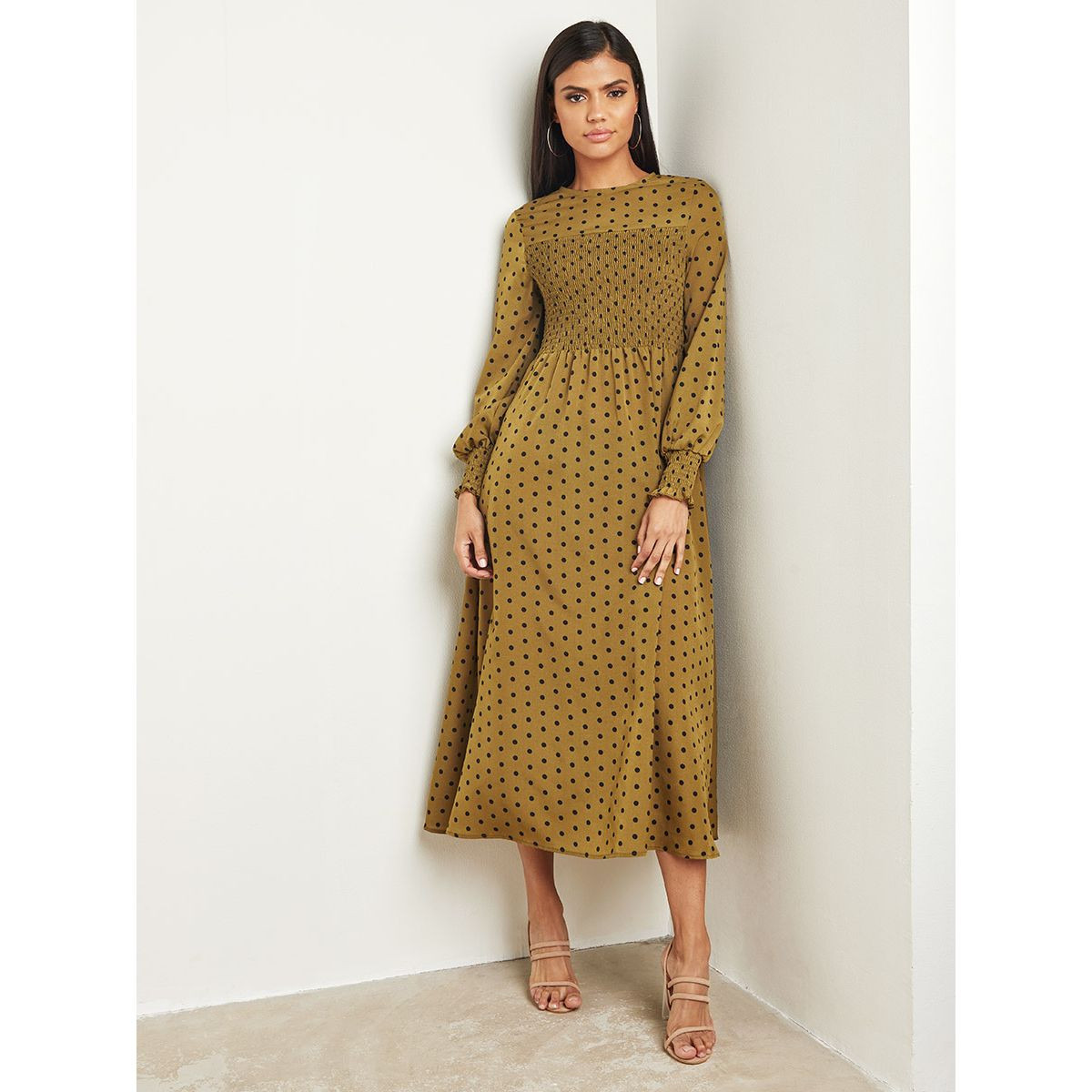 Styli Spot Long Sleeves Maxi Dress with Shirred Bust-women-clothing-dresses-image-1
