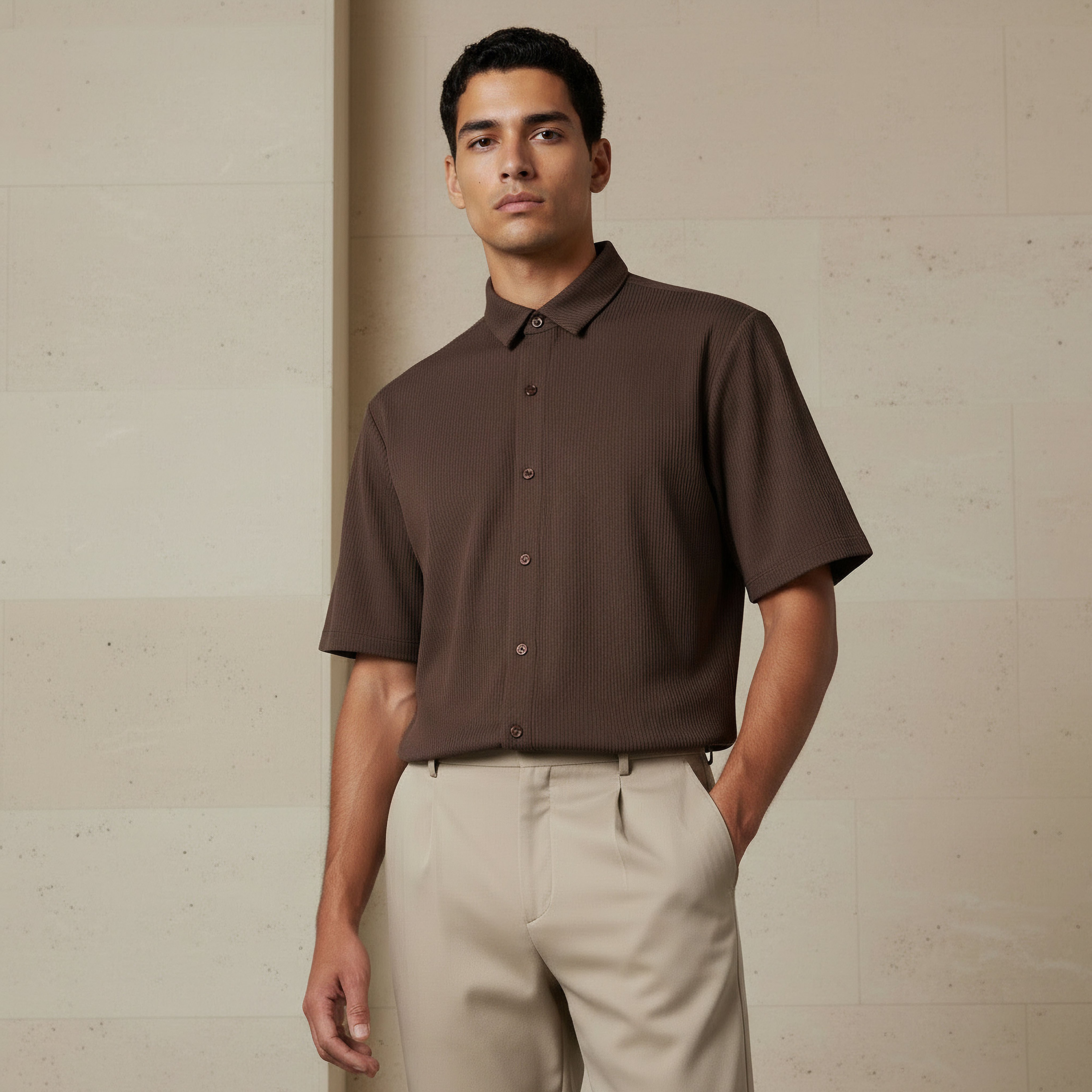 Men Collared Textured Short Sleeve Shirt-men-clothing-shirts-image-1