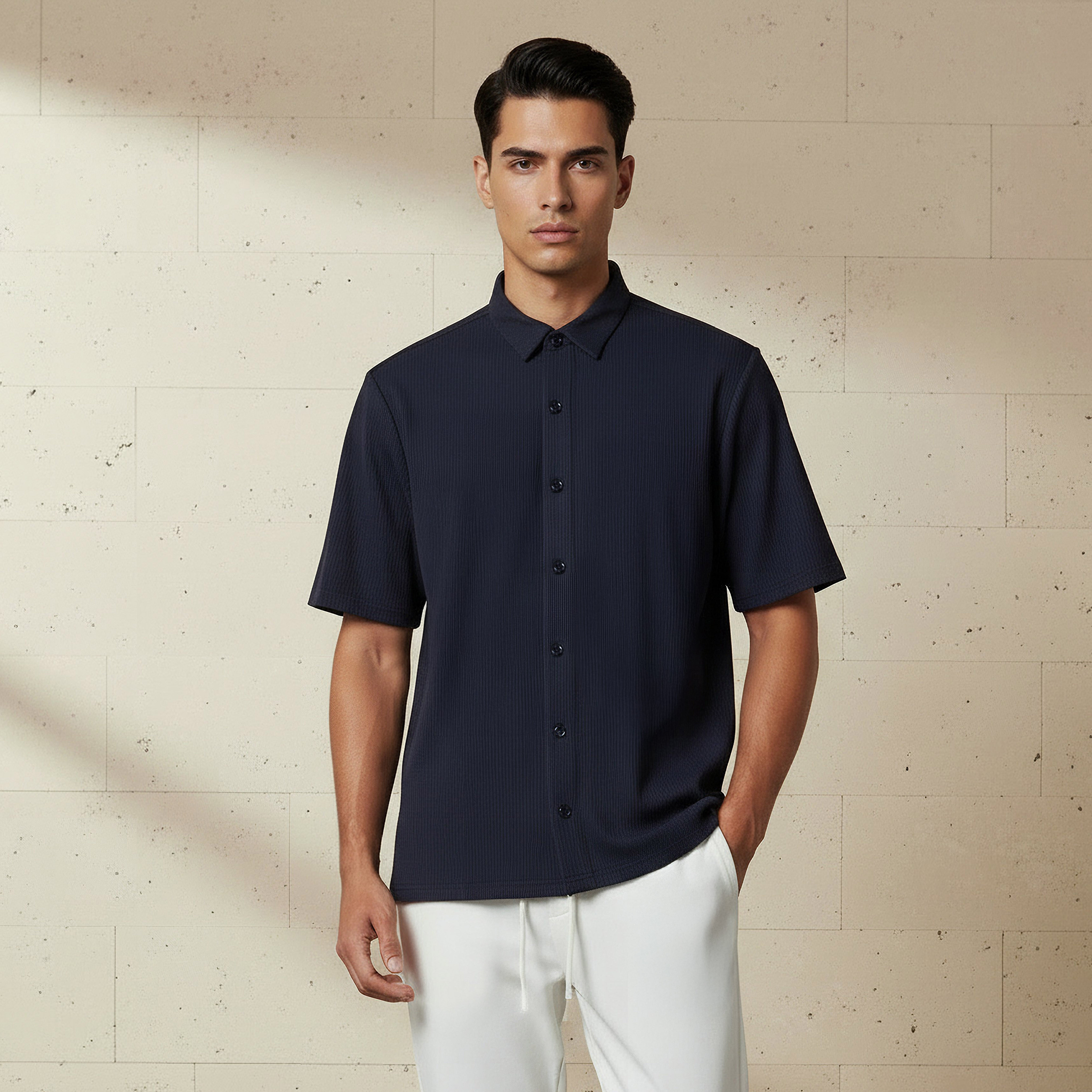 Men Collared Textured Short Sleeve Shirt-men-clothing-shirts-image-1