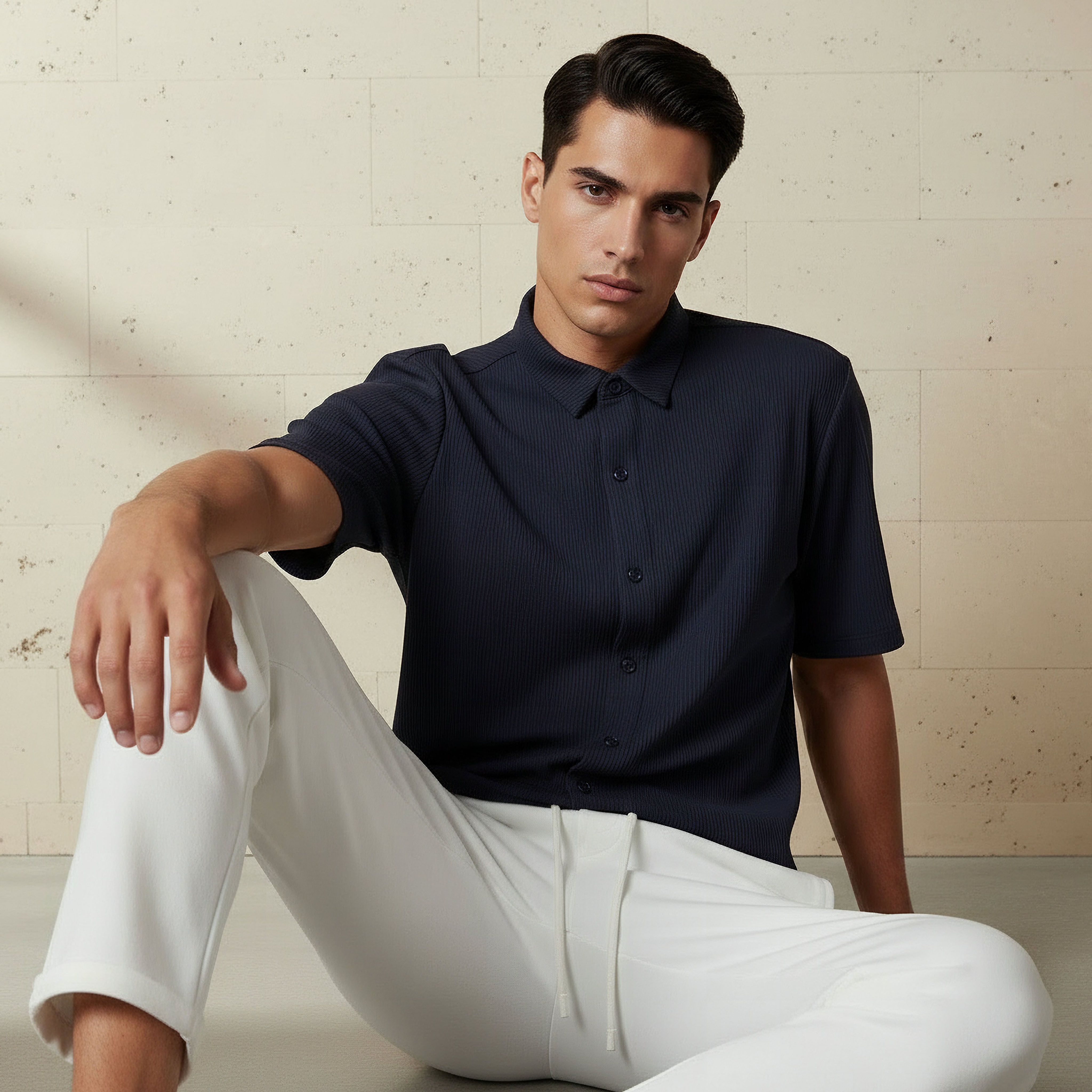 Men Collared Textured Short Sleeve Shirt-men-clothing-shirts-image-5