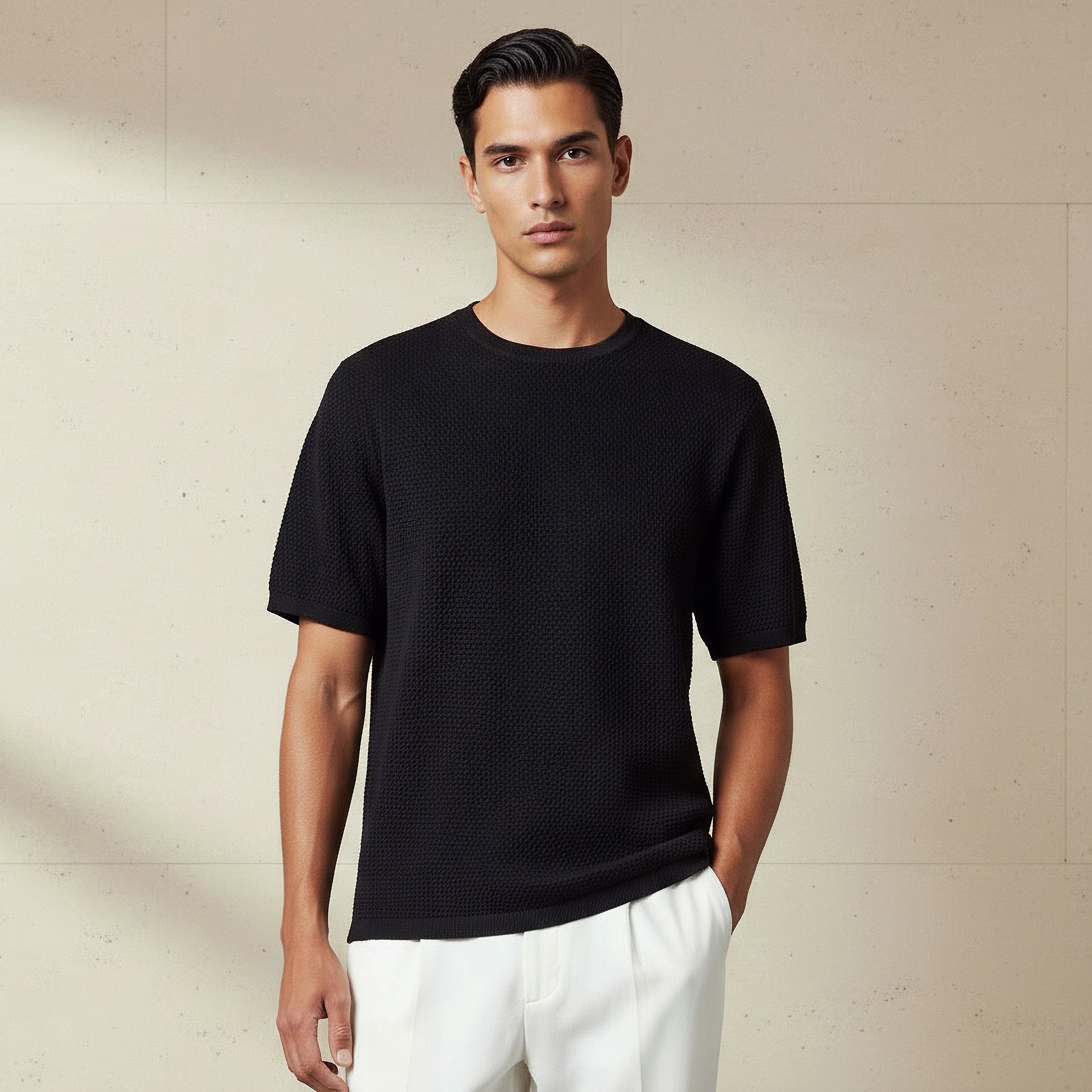 تيشيرت بياقة مستديرة بارز الملمس بوبكورن للرجال-men-clothing-tshirtsandpolos-tshirts-image-1