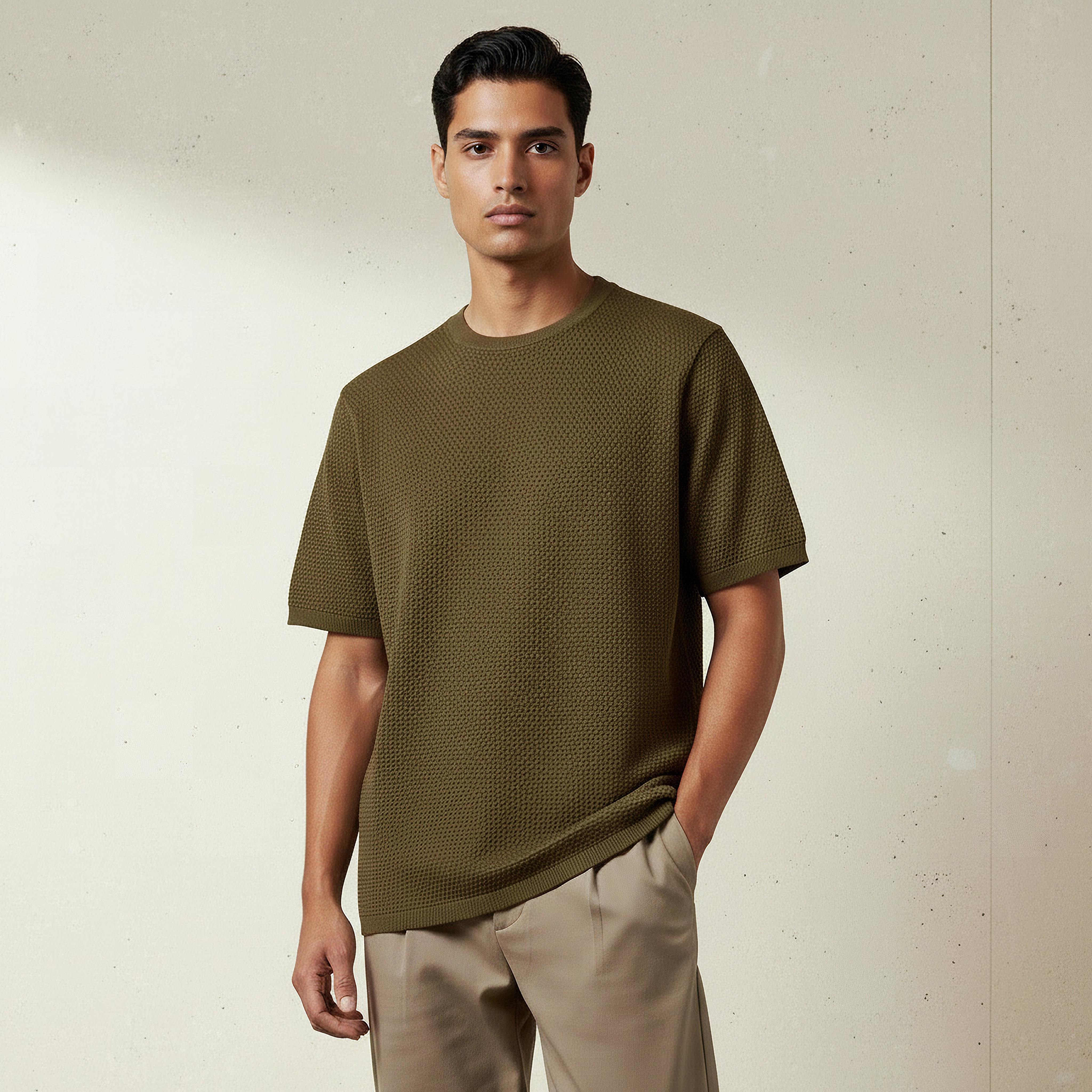 تيشيرت بياقة مستديرة بارز الملمس بوبكورن للرجال-men-clothing-tshirtsandpolos-tshirts-image-1