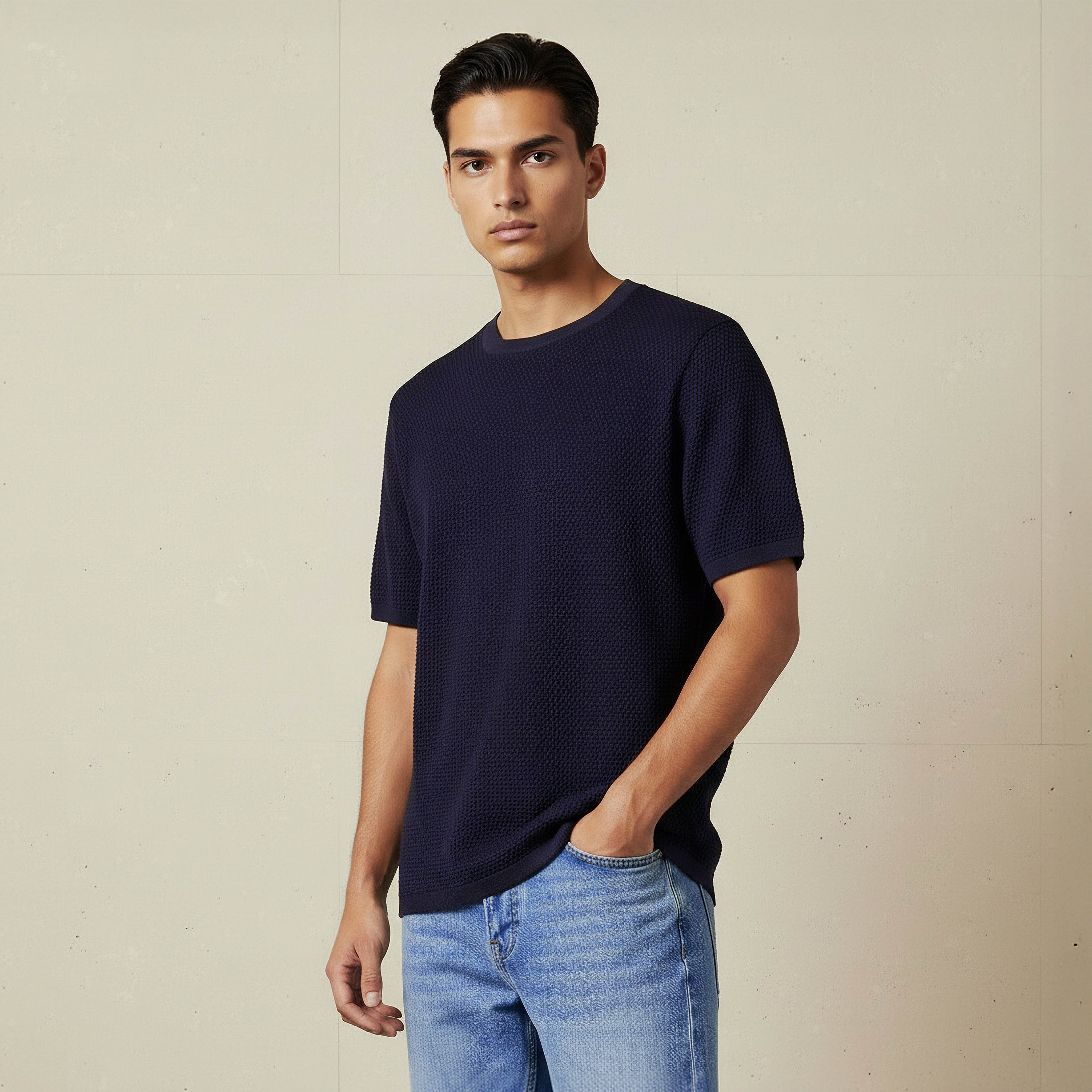 تيشيرت بياقة مستديرة بارز الملمس بوبكورن للرجال-men-clothing-tshirtsandpolos-tshirts-image-1