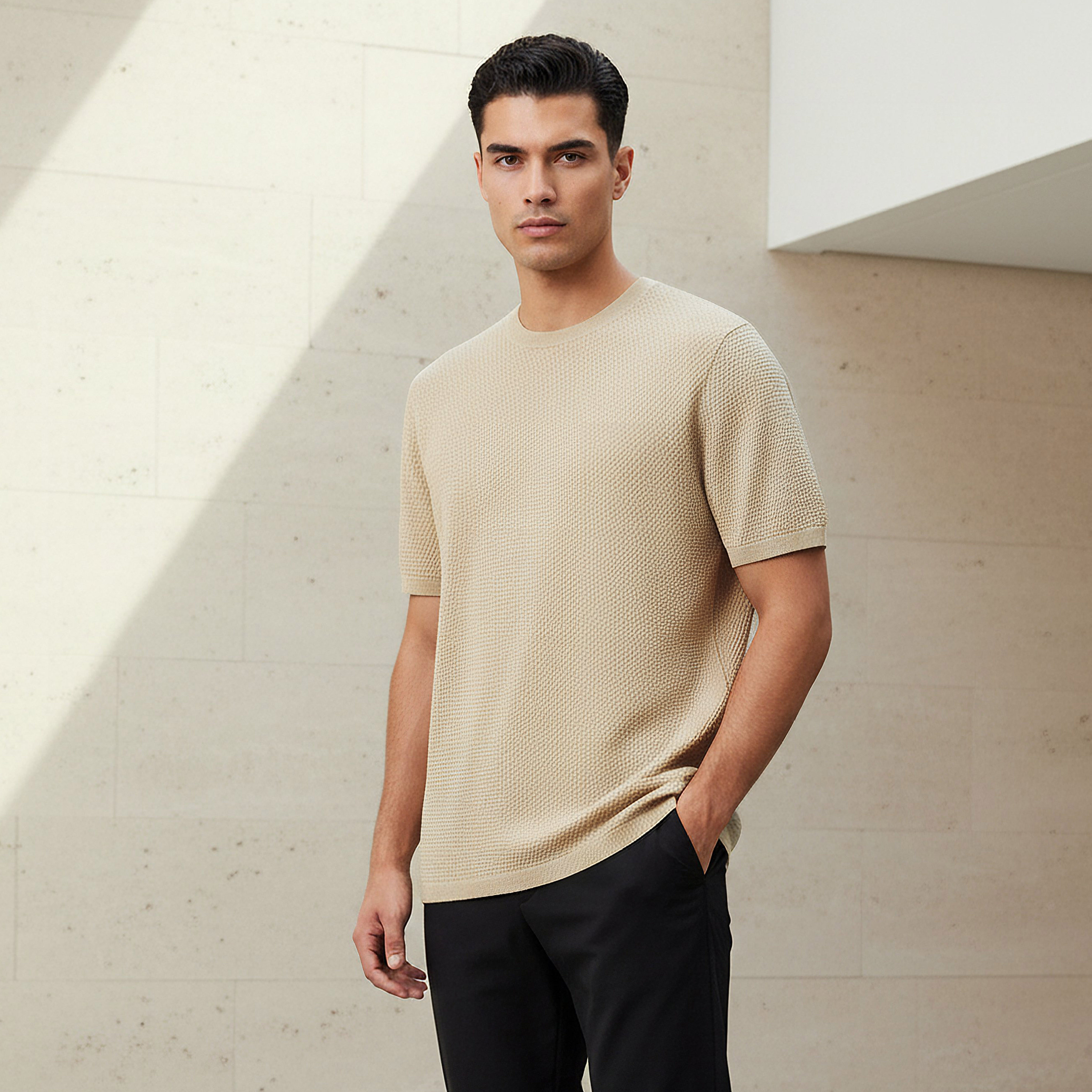 تيشيرت بياقة مستديرة بارز الملمس بوبكورن للرجال-men-clothing-tshirtsandpolos-tshirts-image-1