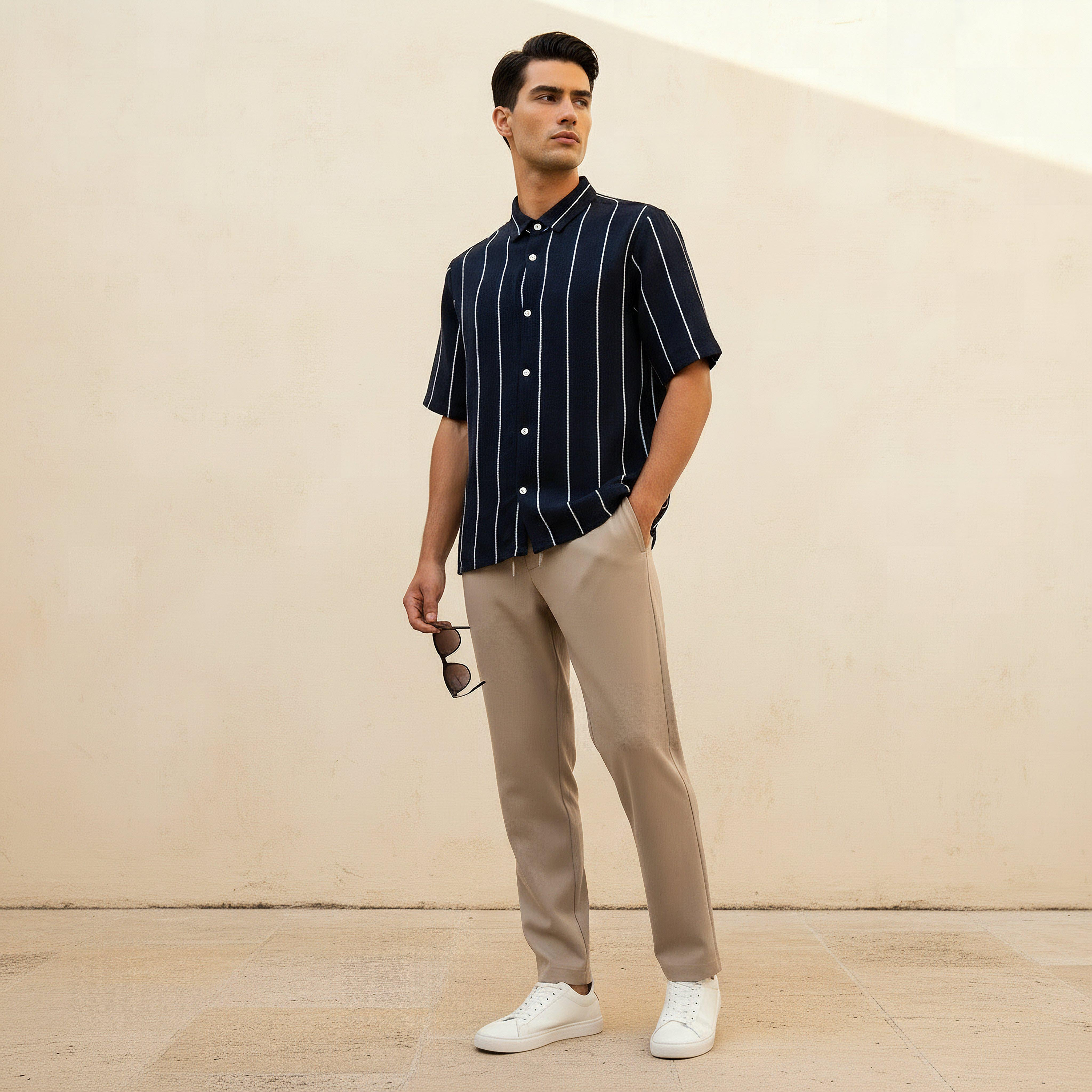 قميص مخطط من مزيج الكتان بقصة عادية وياقة وأكمام قصيرة للرجال-men-clothing-shirts-image-3