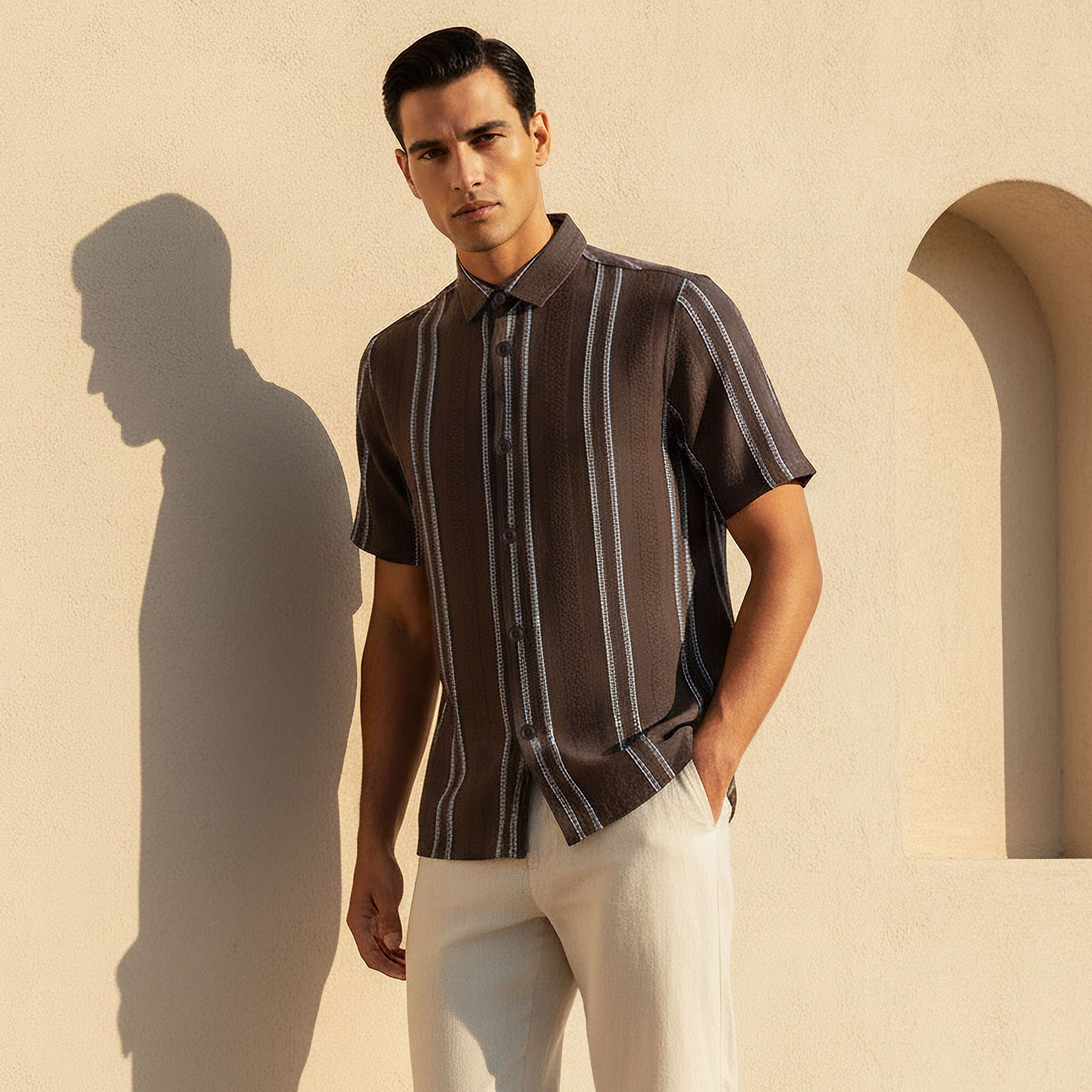 Men Regular Fit Collared Striped Short Sleeves Linen Blend Shirt-men-clothing-shirts-image-1
