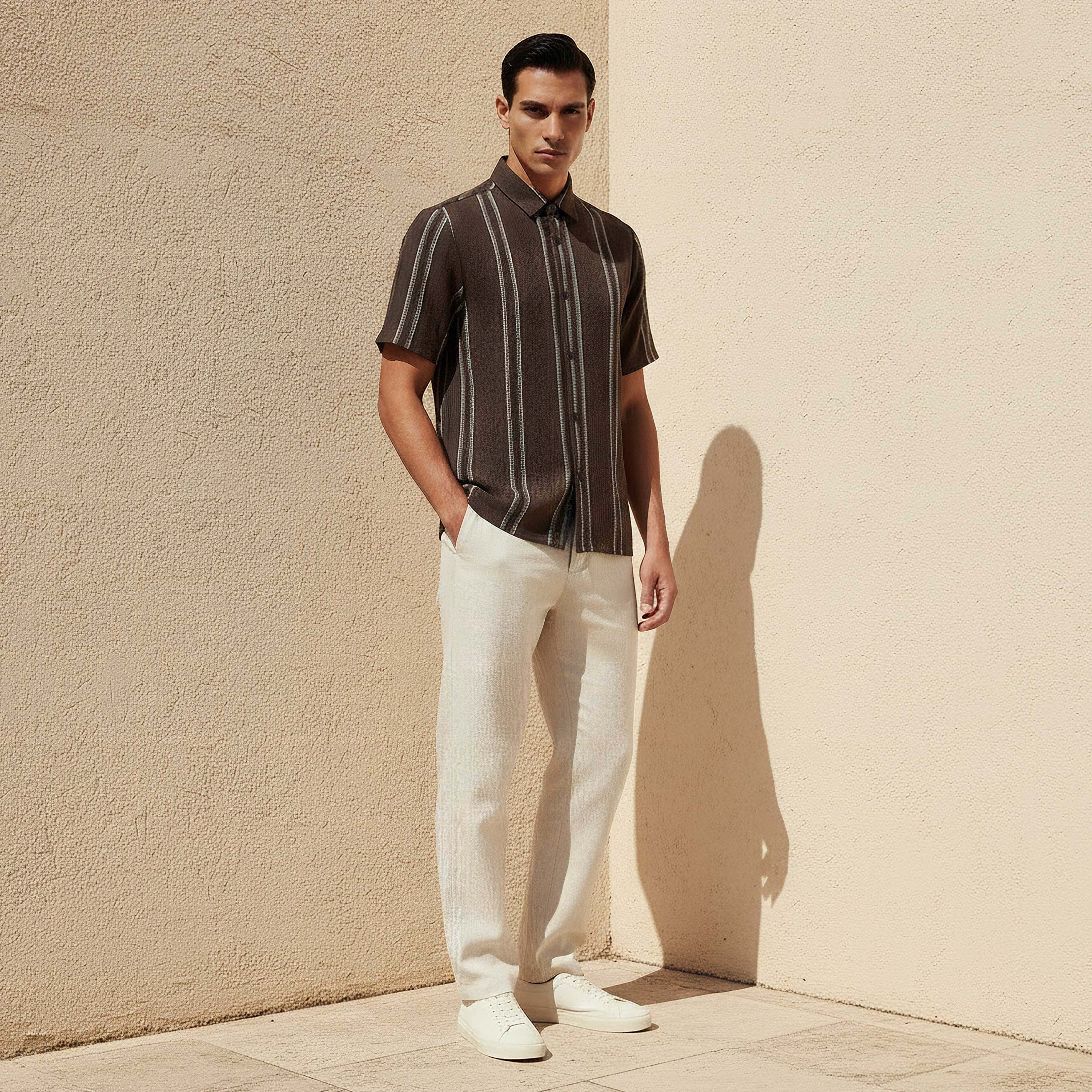Men Regular Fit Collared Striped Short Sleeves Linen Blend Shirt-men-clothing-shirts-image-2