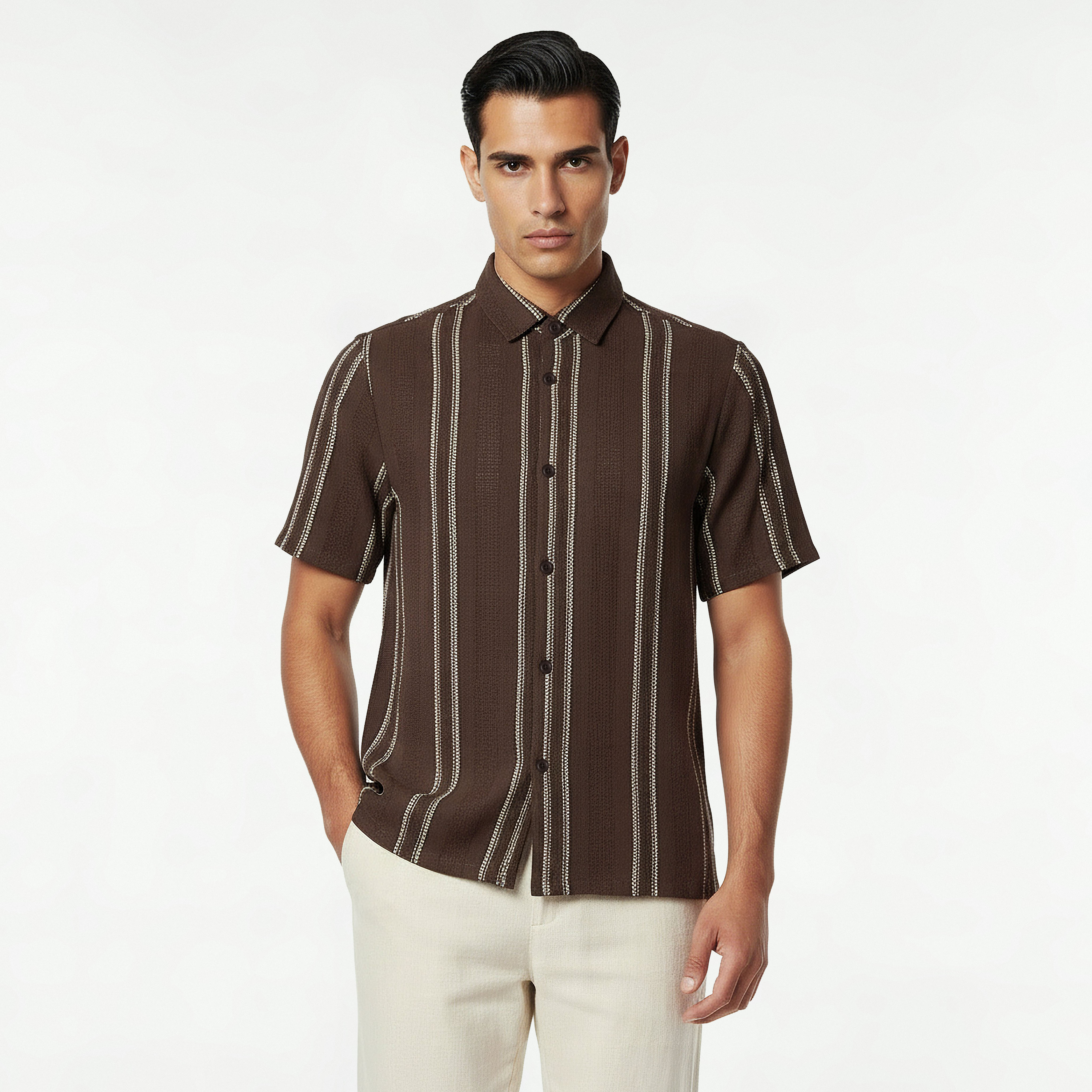Men Regular Fit Collared Striped Short Sleeves Linen Blend Shirt-men-clothing-shirts-image-5
