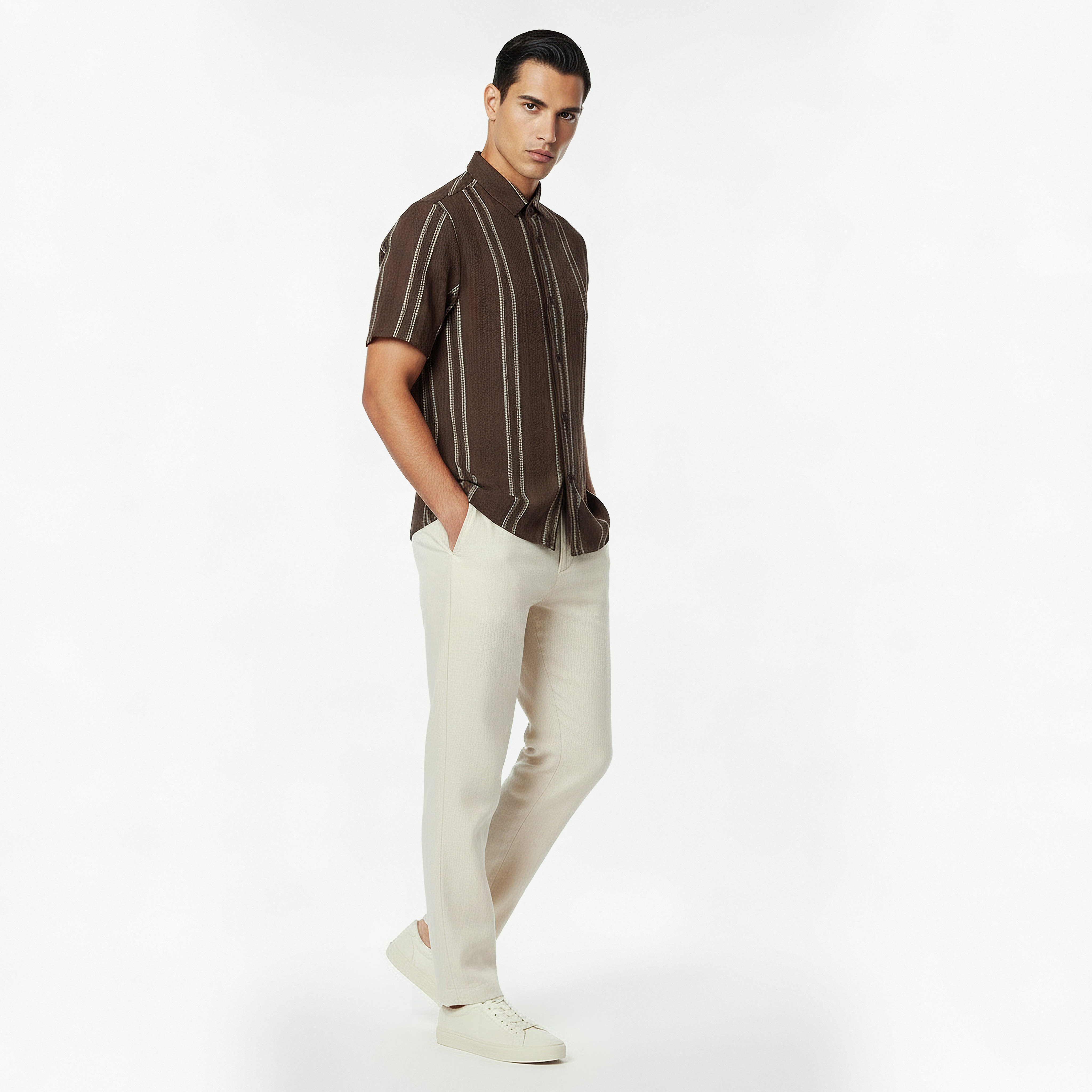 Men Regular Fit Collared Striped Short Sleeves Linen Blend Shirt-men-clothing-shirts-image-6