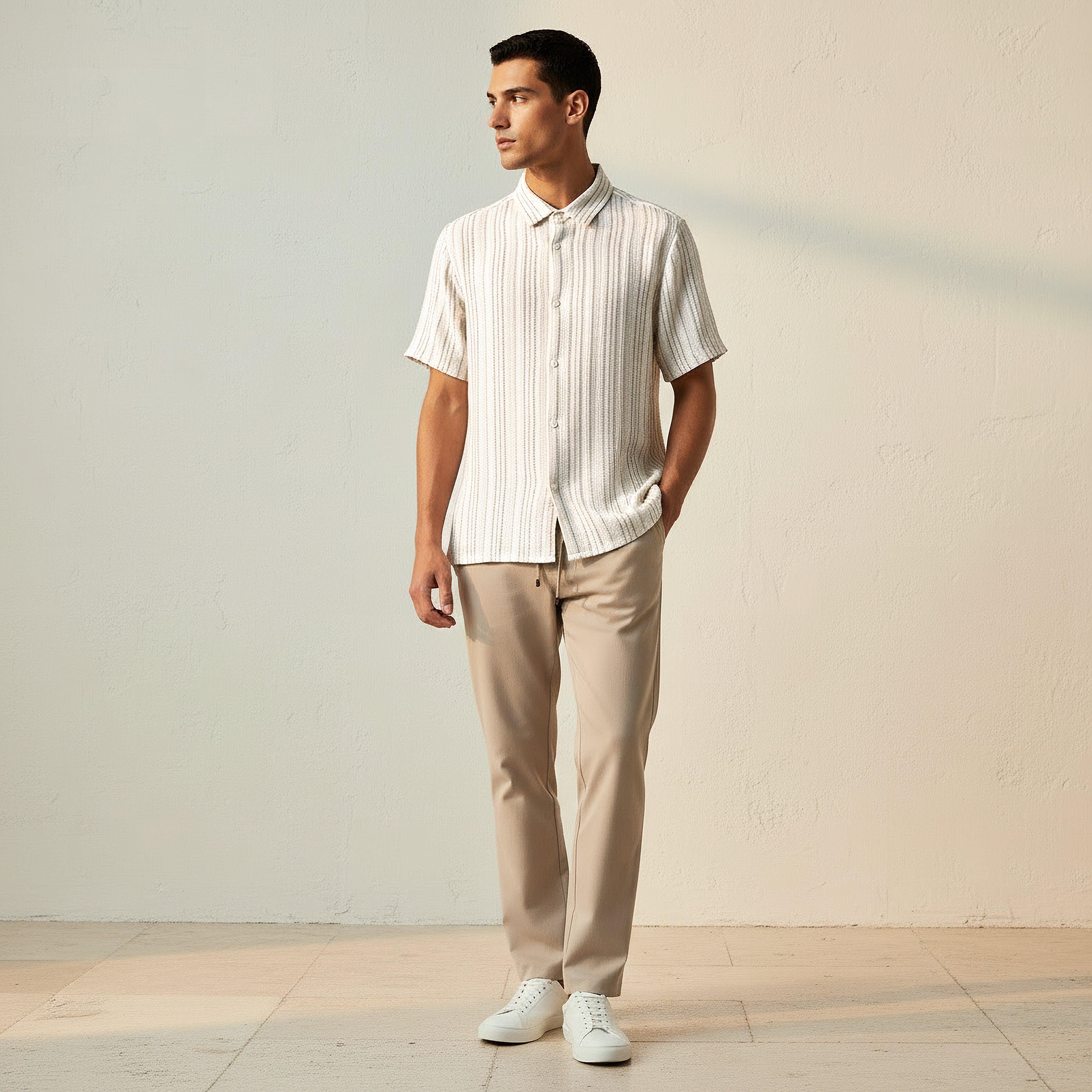 قميص مخطط من مزيج الكتان بقصة عادية وياقة وأكمام قصيرة للرجال-men-clothing-shirts-image-3