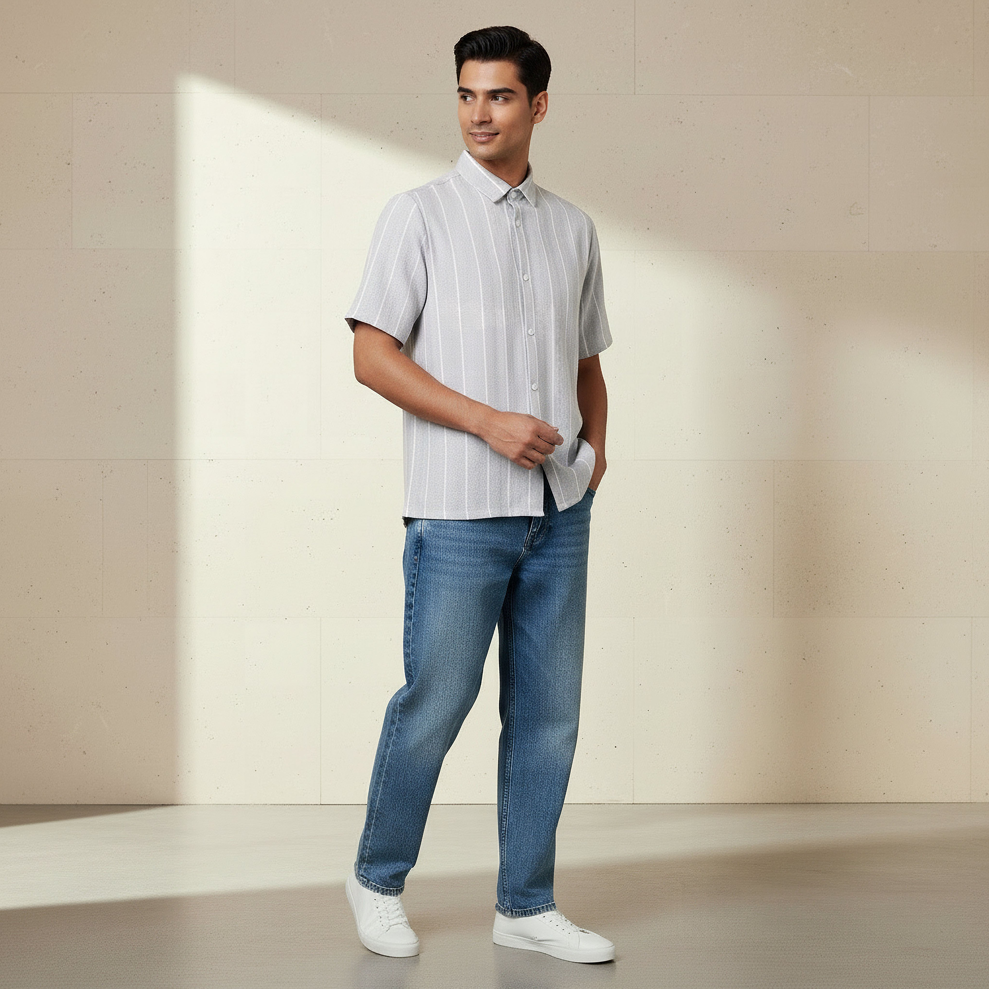 Men Regular Fit Collared Striped Short Sleeves Linen Blend Shirt-men-clothing-shirts-image-3
