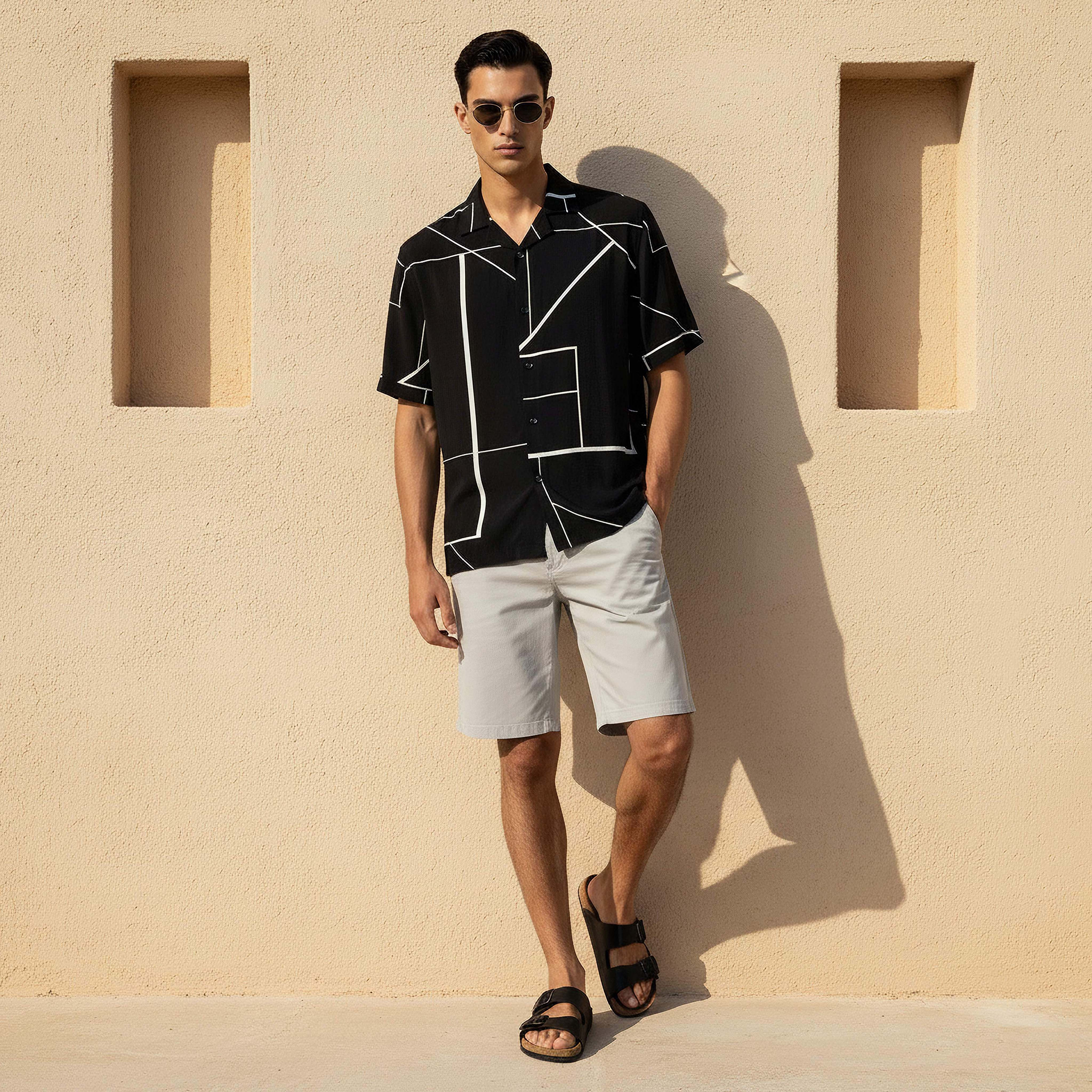 قميص بقصة عادية وياقة كامب وأكمام قصيرة وطبعات تجريدية للرجال-men-clothing-shirts-image-2
