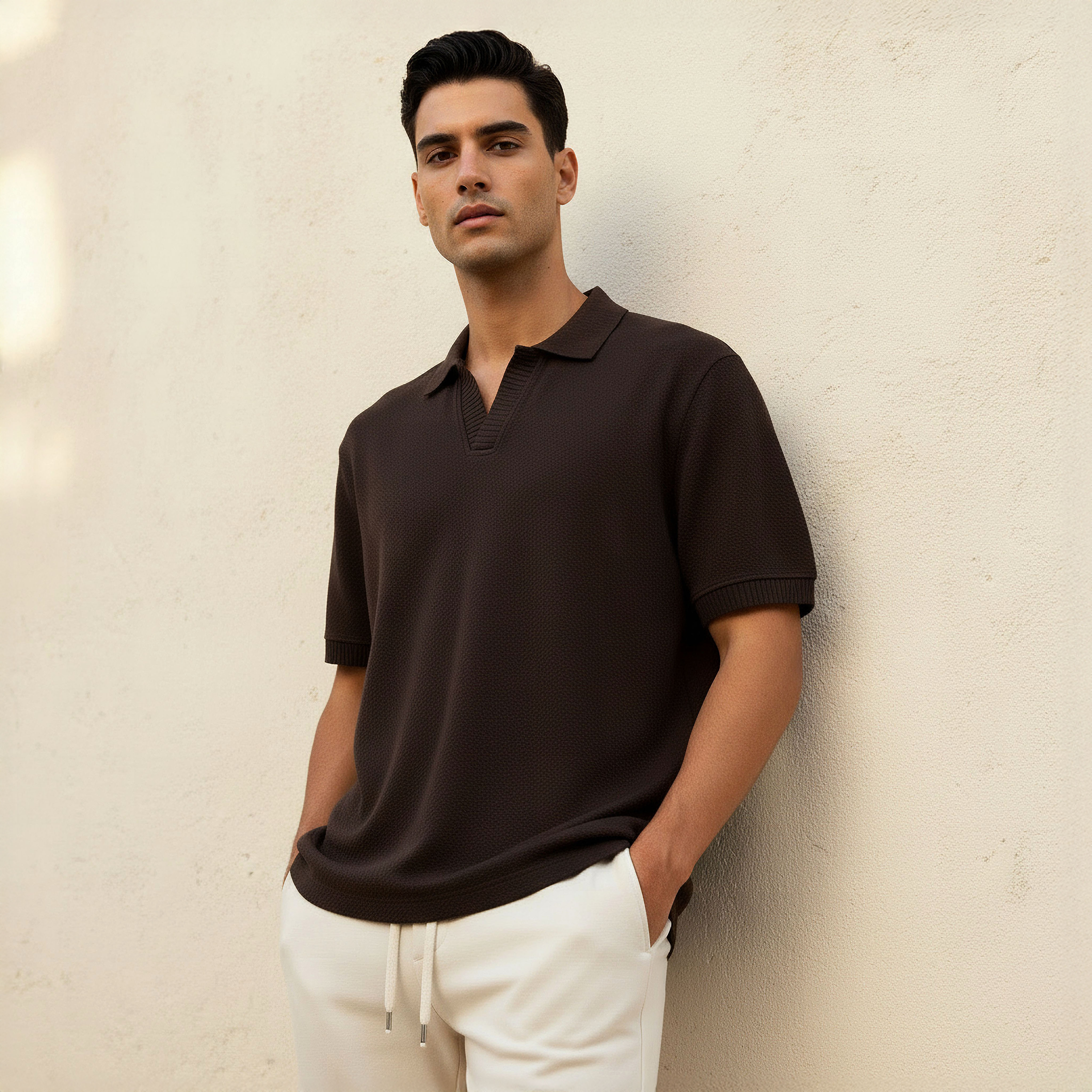 تيشيرت بولو جاكار بأكمام قصيرة وياقة جوني للرجال-men-clothing-tshirtsandpolos-polos-image-1