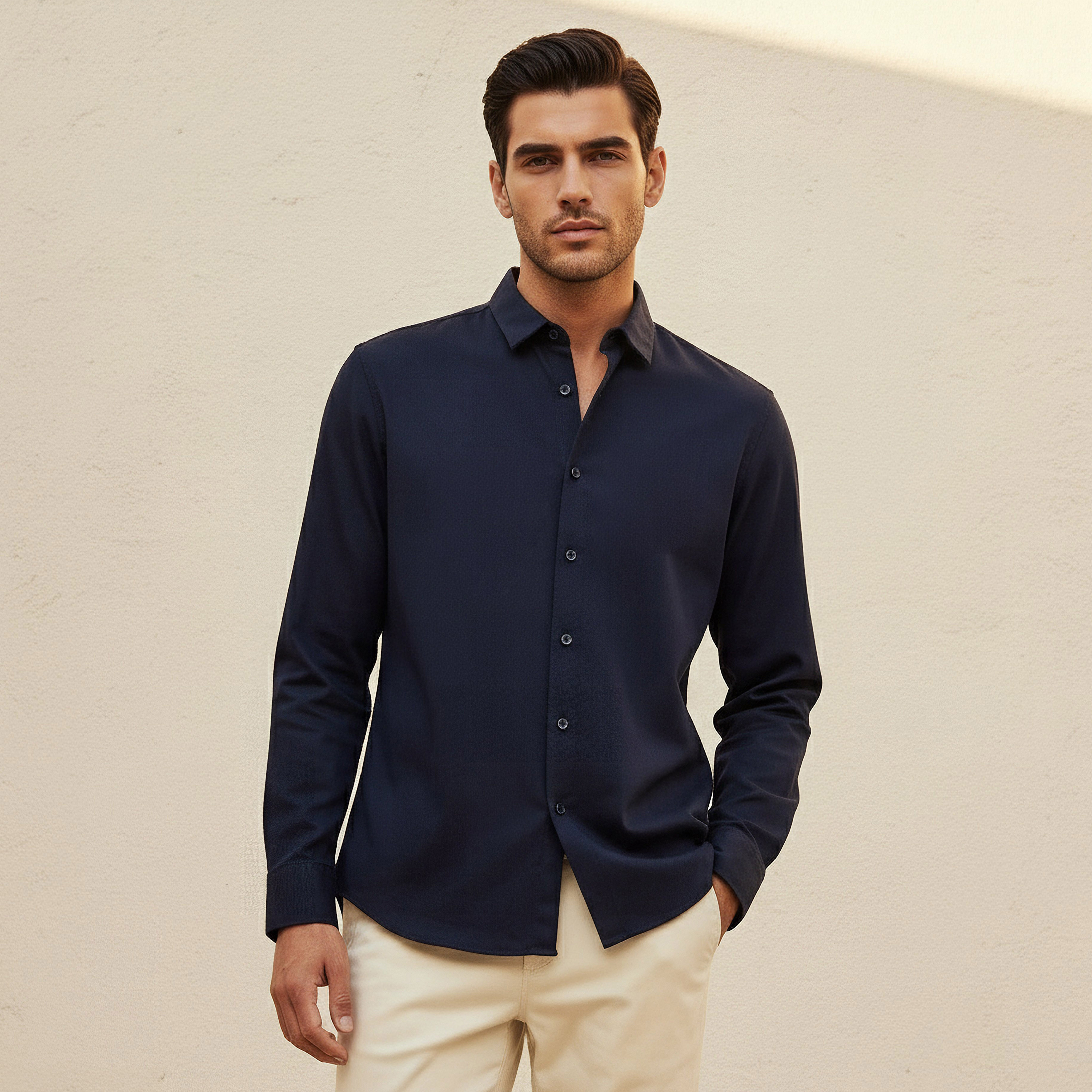 قميص بقصة عادية بياقة قميص وأكمام طويلة بارز الملمس للرجال-men-clothing-shirts-image-1