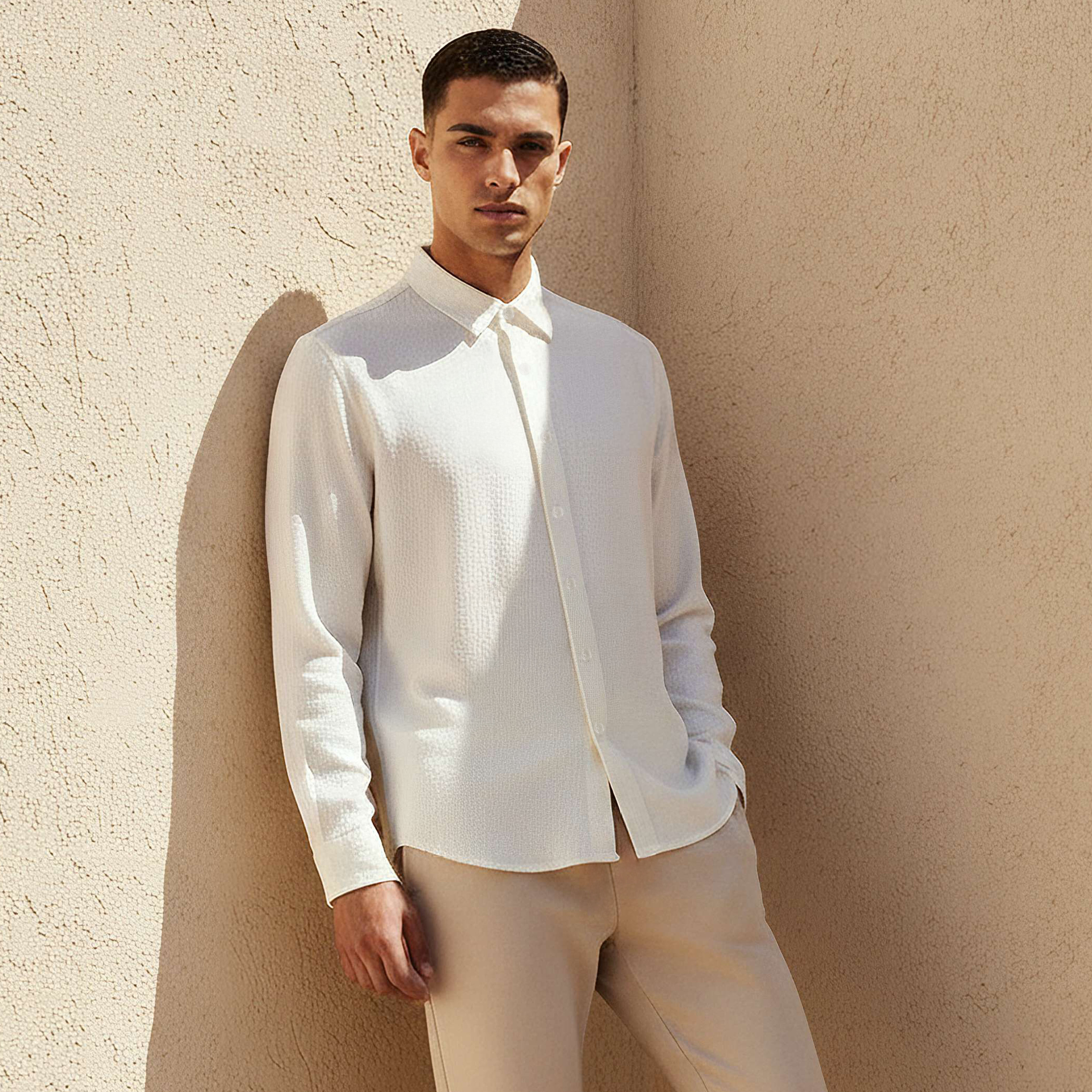 قميص بتصميم وافل بارز وقصة عادية وياقة وأكمام طويلة للرجال-men-clothing-shirts-image-1