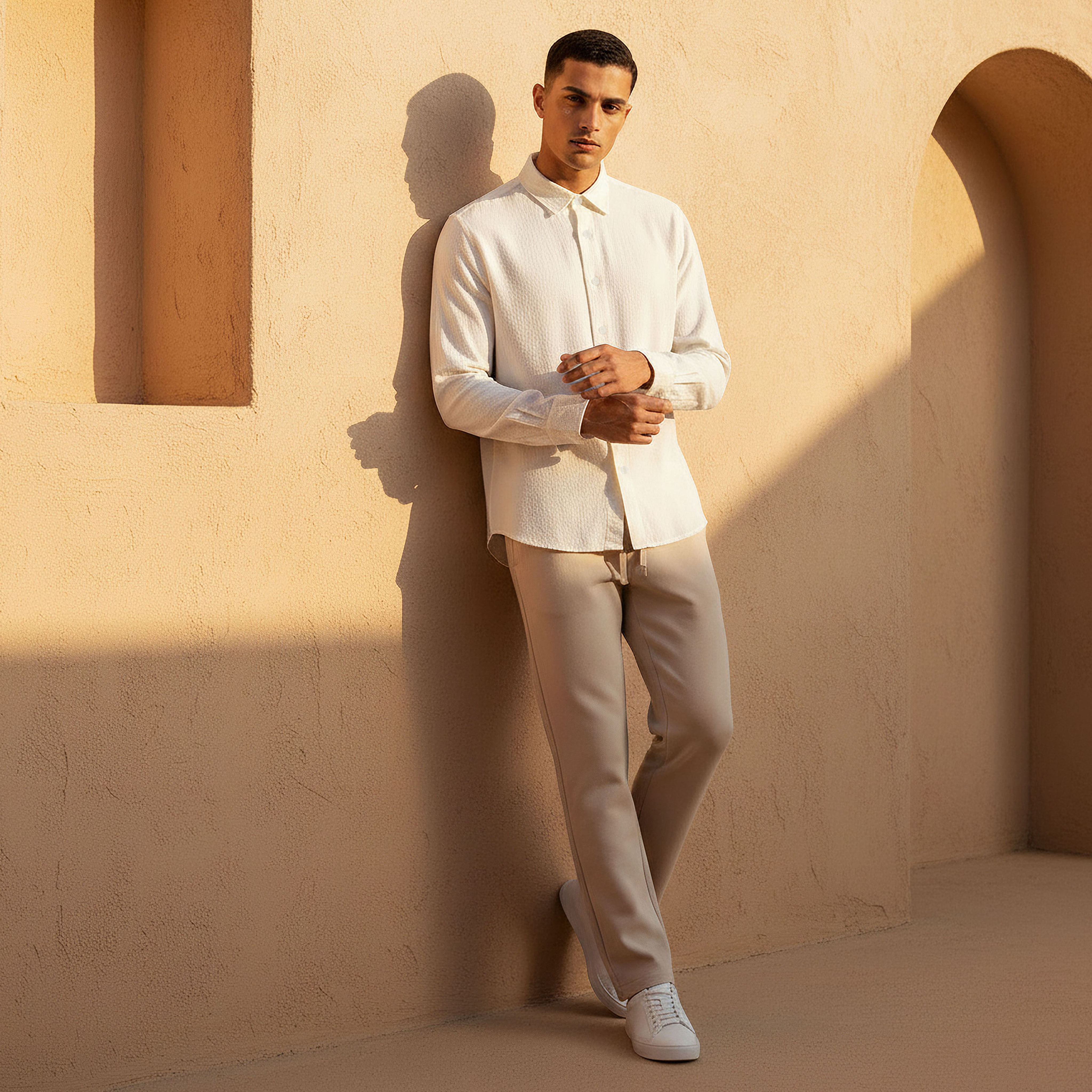 قميص بتصميم وافل بارز وقصة عادية وياقة وأكمام طويلة للرجال-men-clothing-shirts-image-2