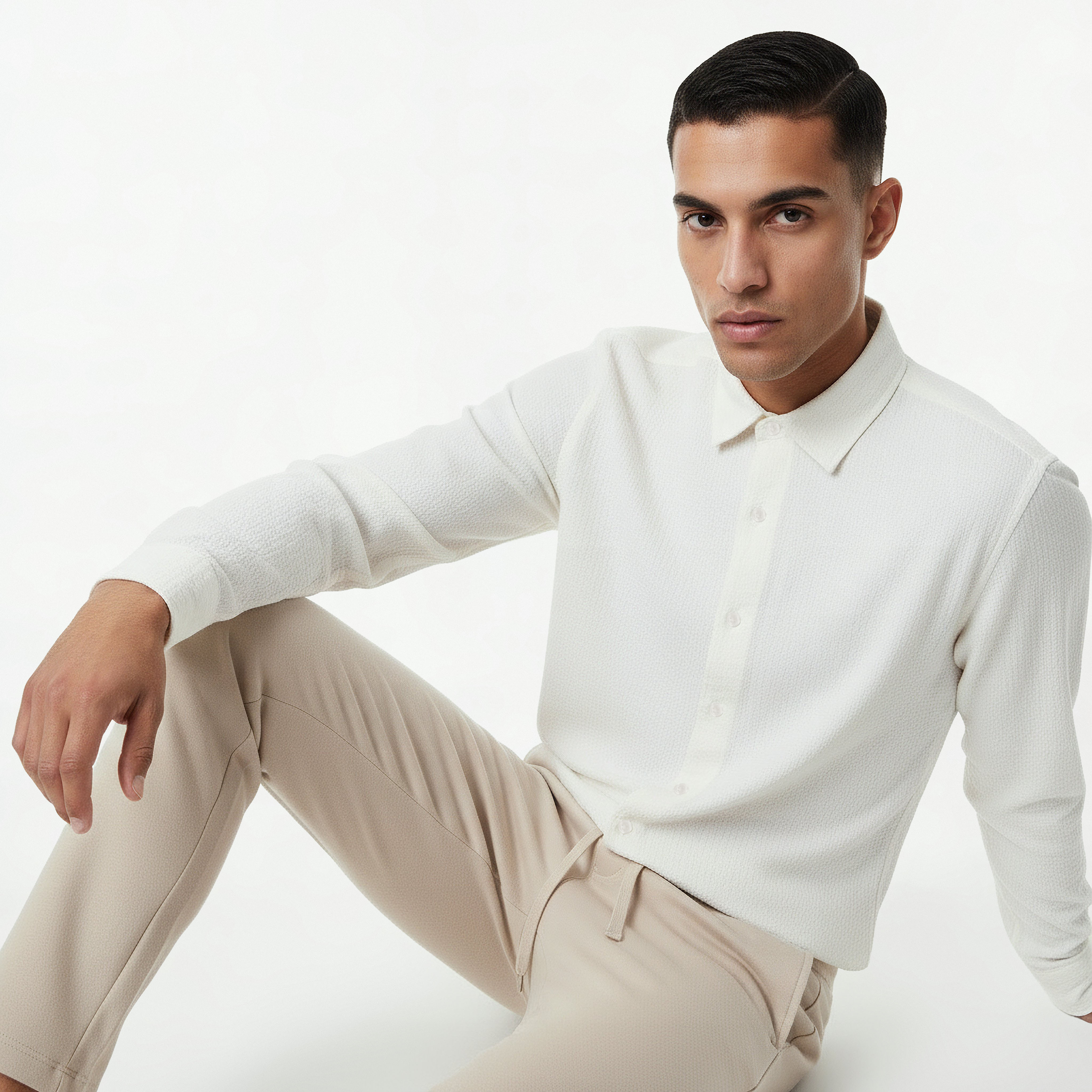 قميص بتصميم وافل بارز وقصة عادية وياقة وأكمام طويلة للرجال-men-clothing-shirts-image-3