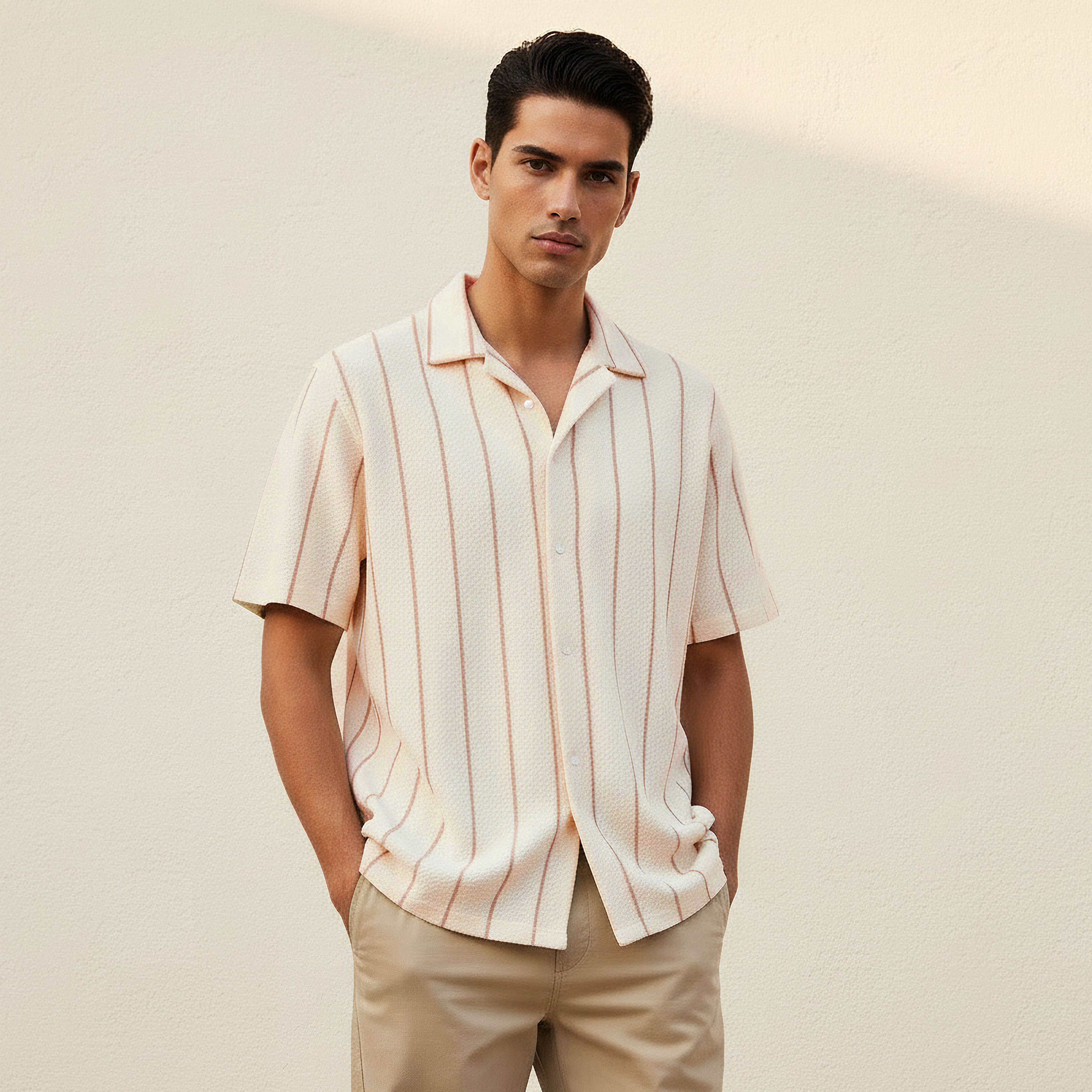 Men Regular Fit Camp Collar Striped Short Sleeve Shirt-men-clothing-shirts-image-1