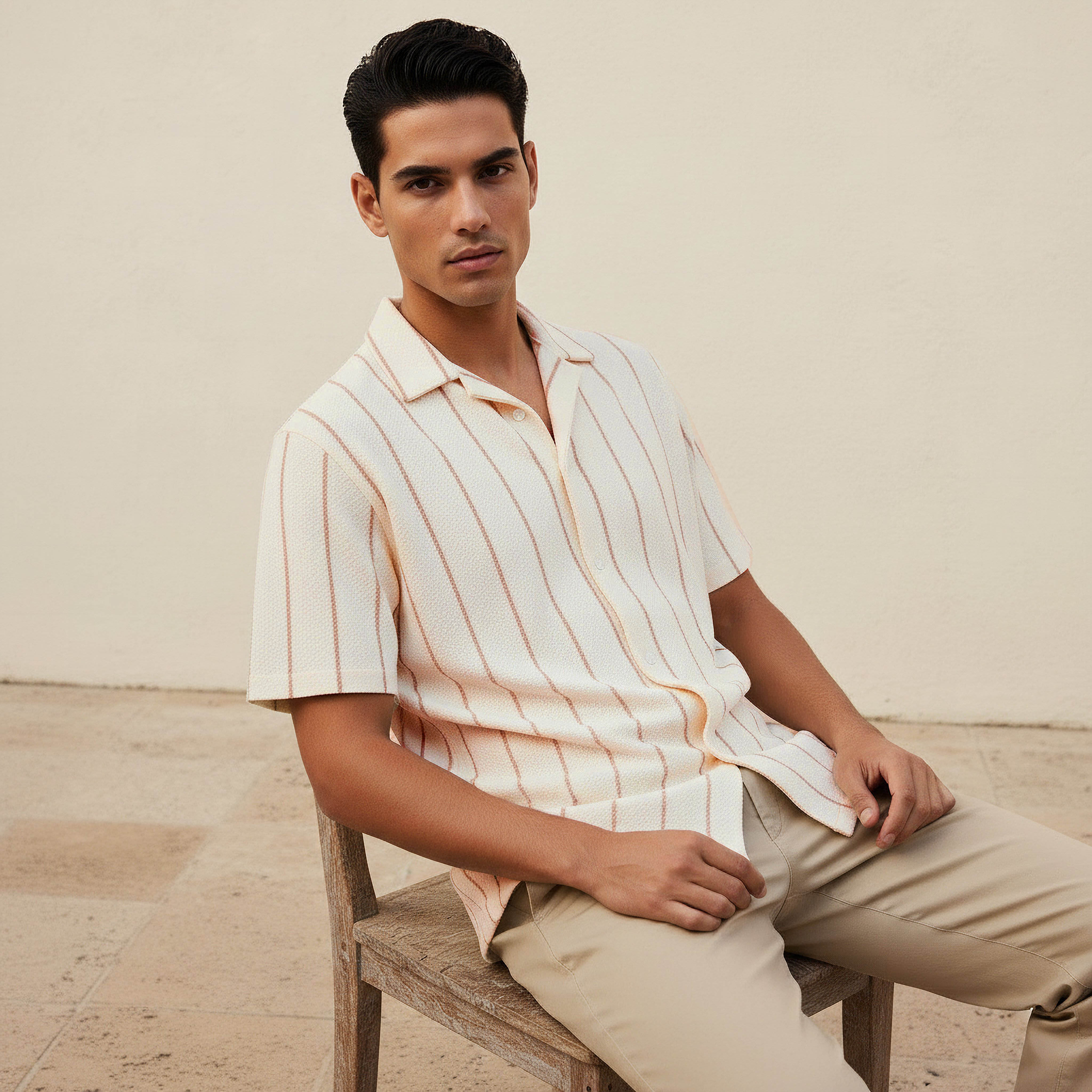 Men Regular Fit Camp Collar Striped Short Sleeve Shirt-men-clothing-shirts-image-5