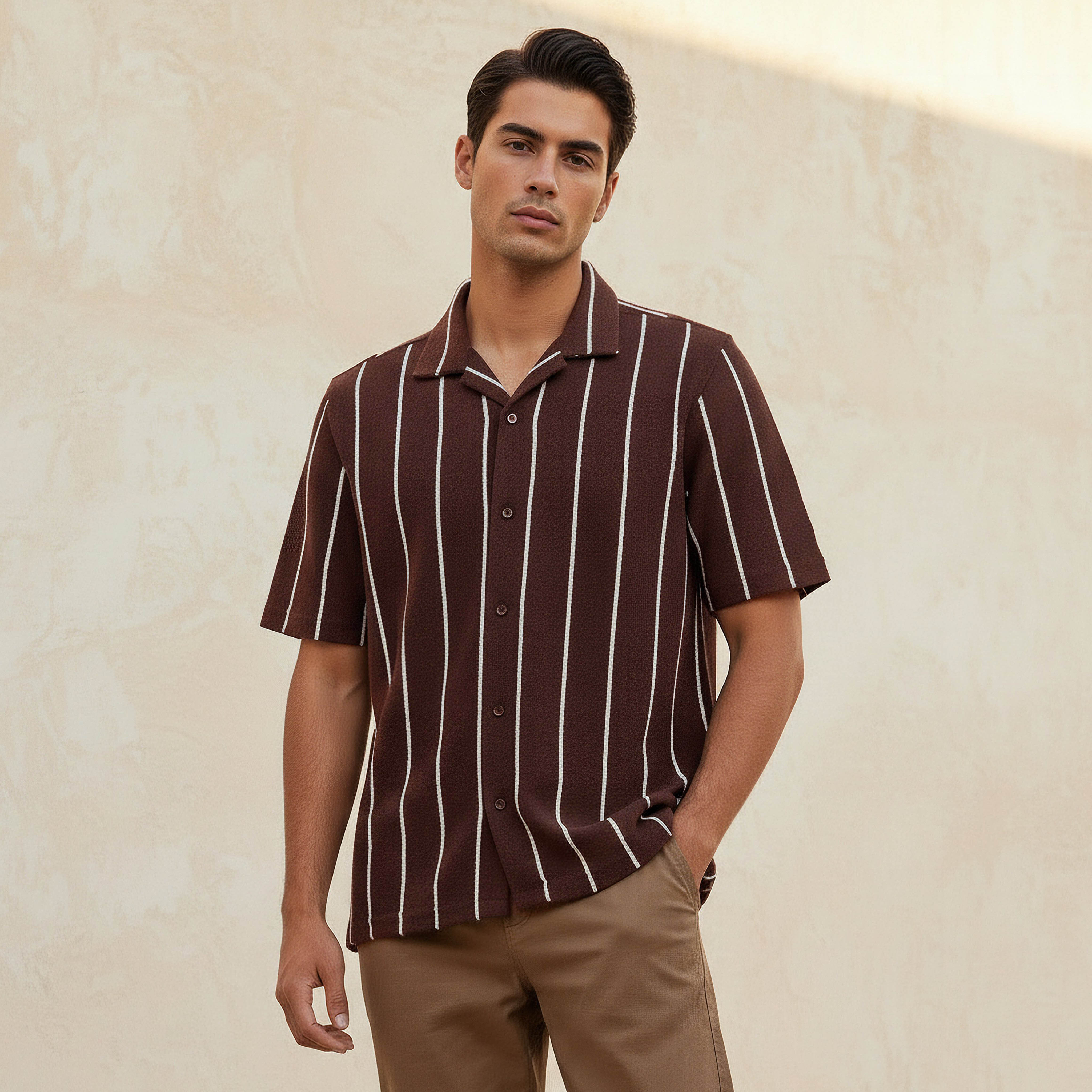 Men Regular Fit Camp Collar Striped Short Sleeve Shirt-men-clothing-shirts-image-1