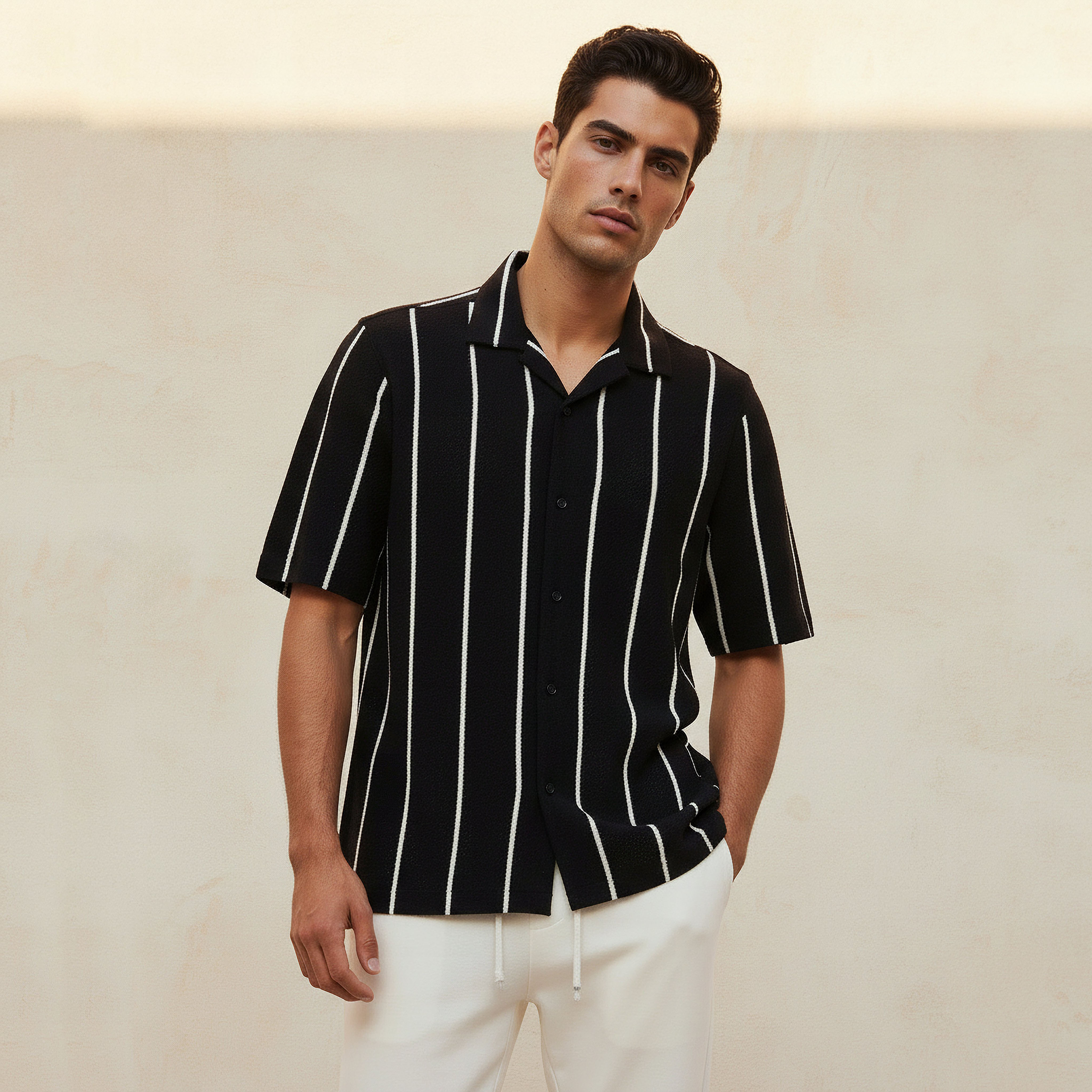 Men Regular Fit Camp Collar Striped Short Sleeve Shirt-men-clothing-shirts-image-1