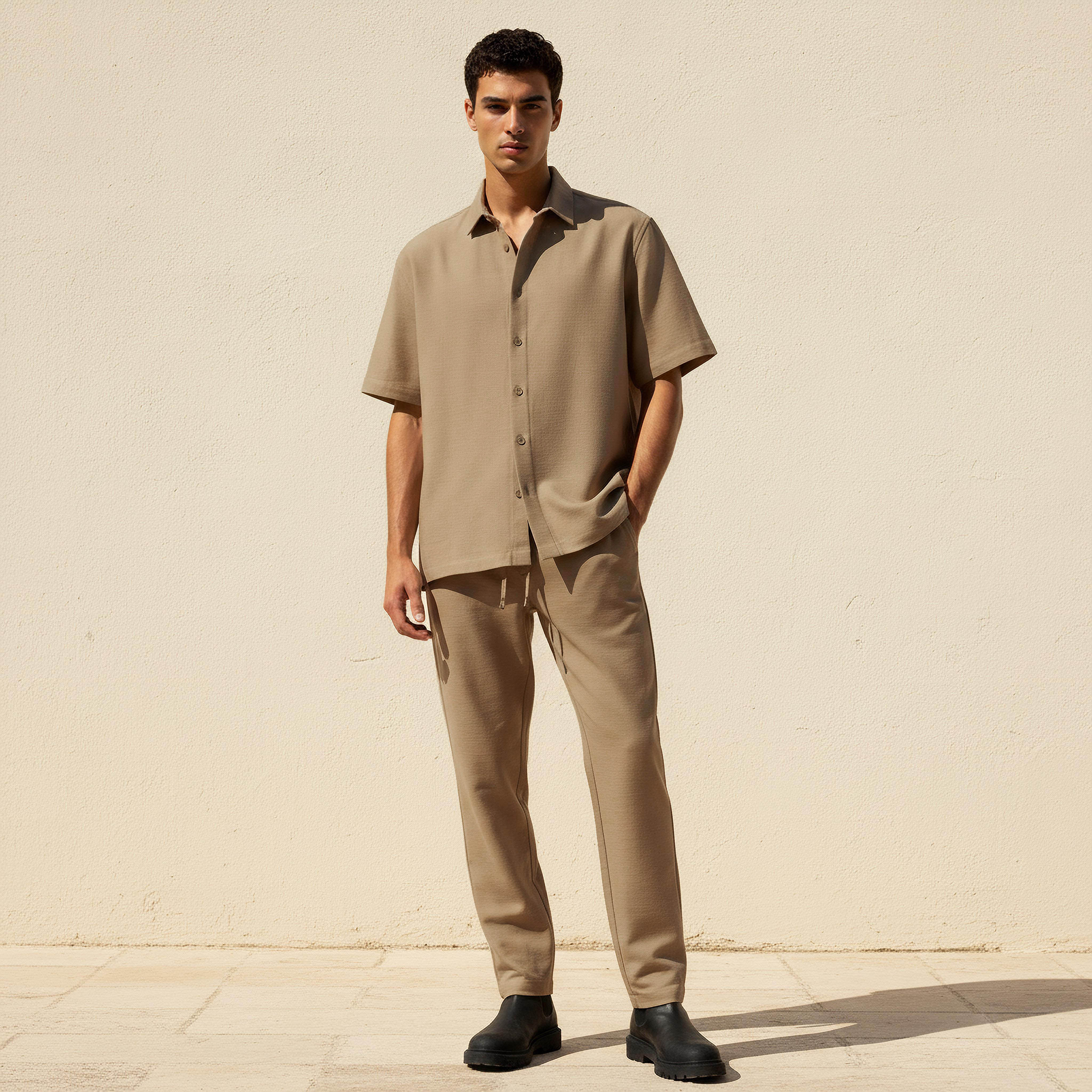 قميص بقصّة عادية وياقة عادية وأكمام قصيرة للرجال-men-clothing-shirts-image-2