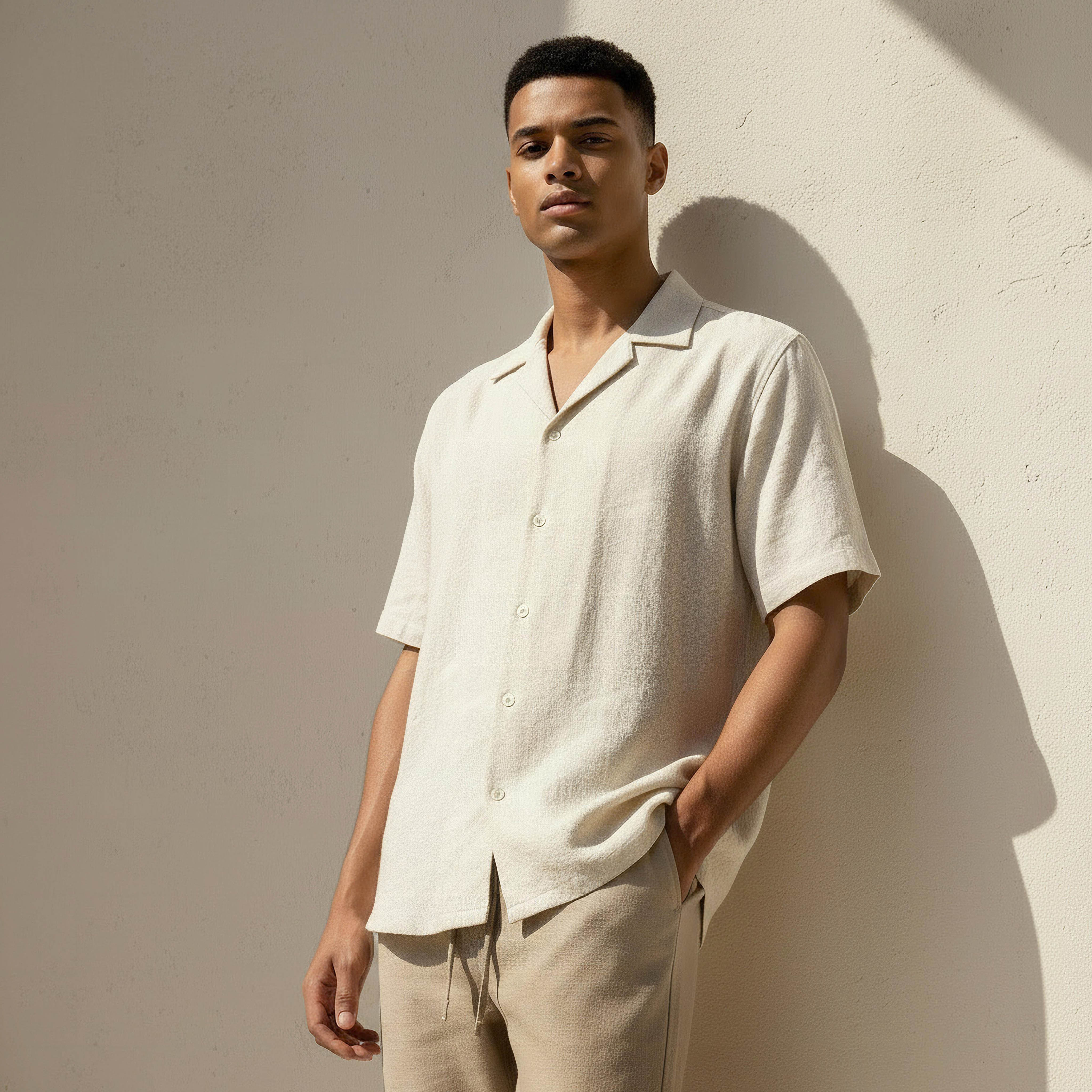 Men Regular Fit Cuban Collar Textured Short Sleeves Linen Blend Shirt-men-clothing-shirts-image-1