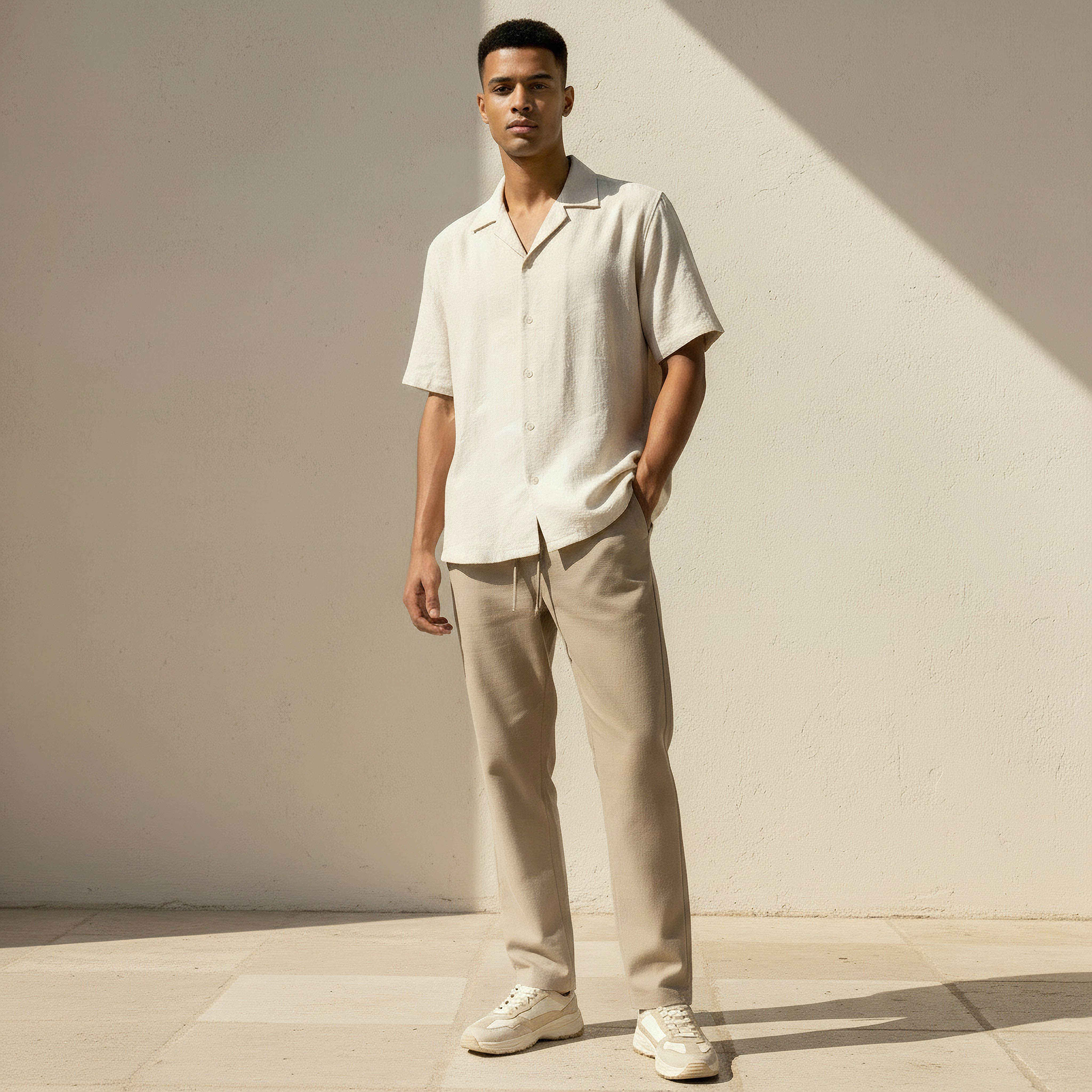 Men Regular Fit Cuban Collar Textured Short Sleeves Linen Blend Shirt-men-clothing-shirts-image-3