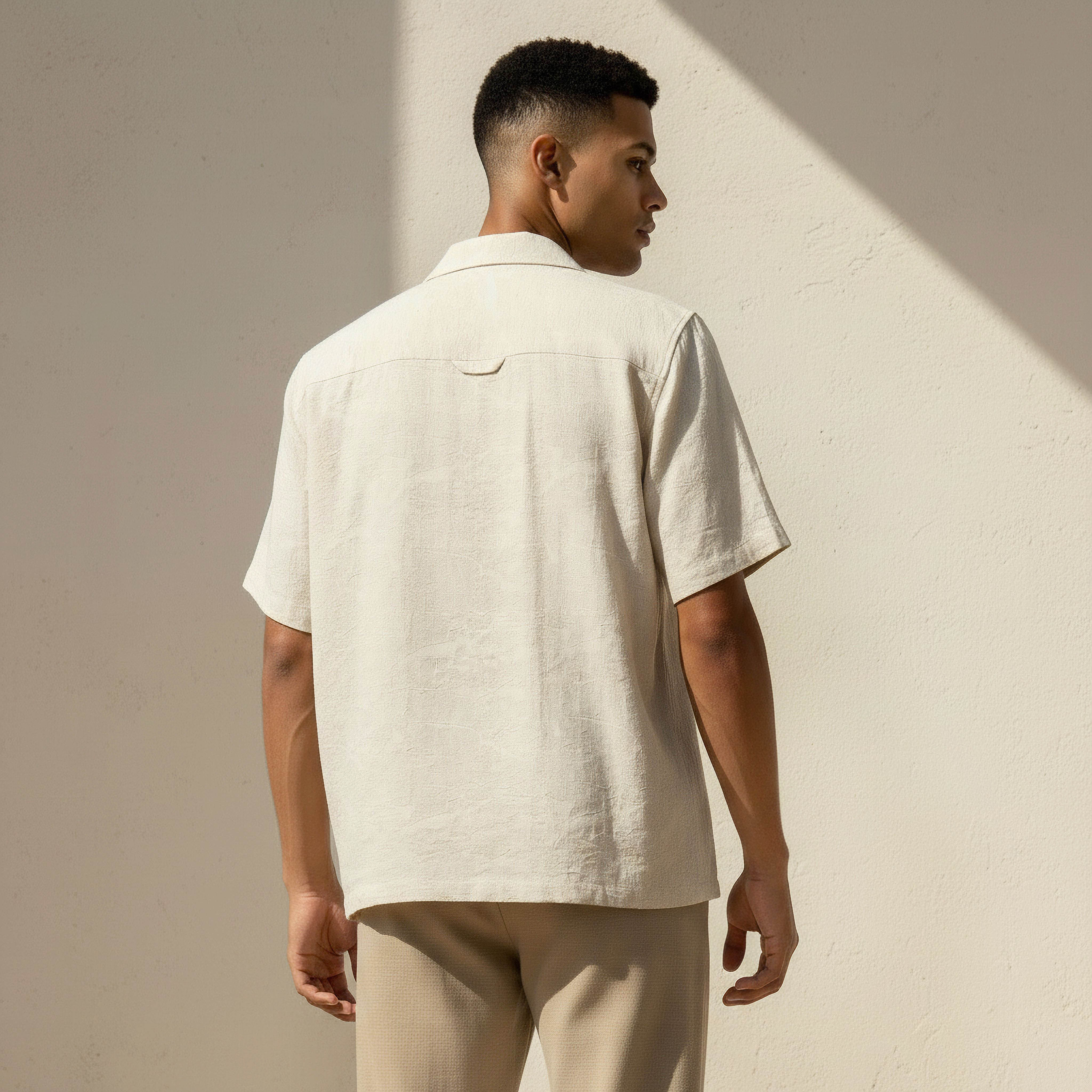 Men Regular Fit Cuban Collar Textured Short Sleeves Linen Blend Shirt-men-clothing-shirts-image-4