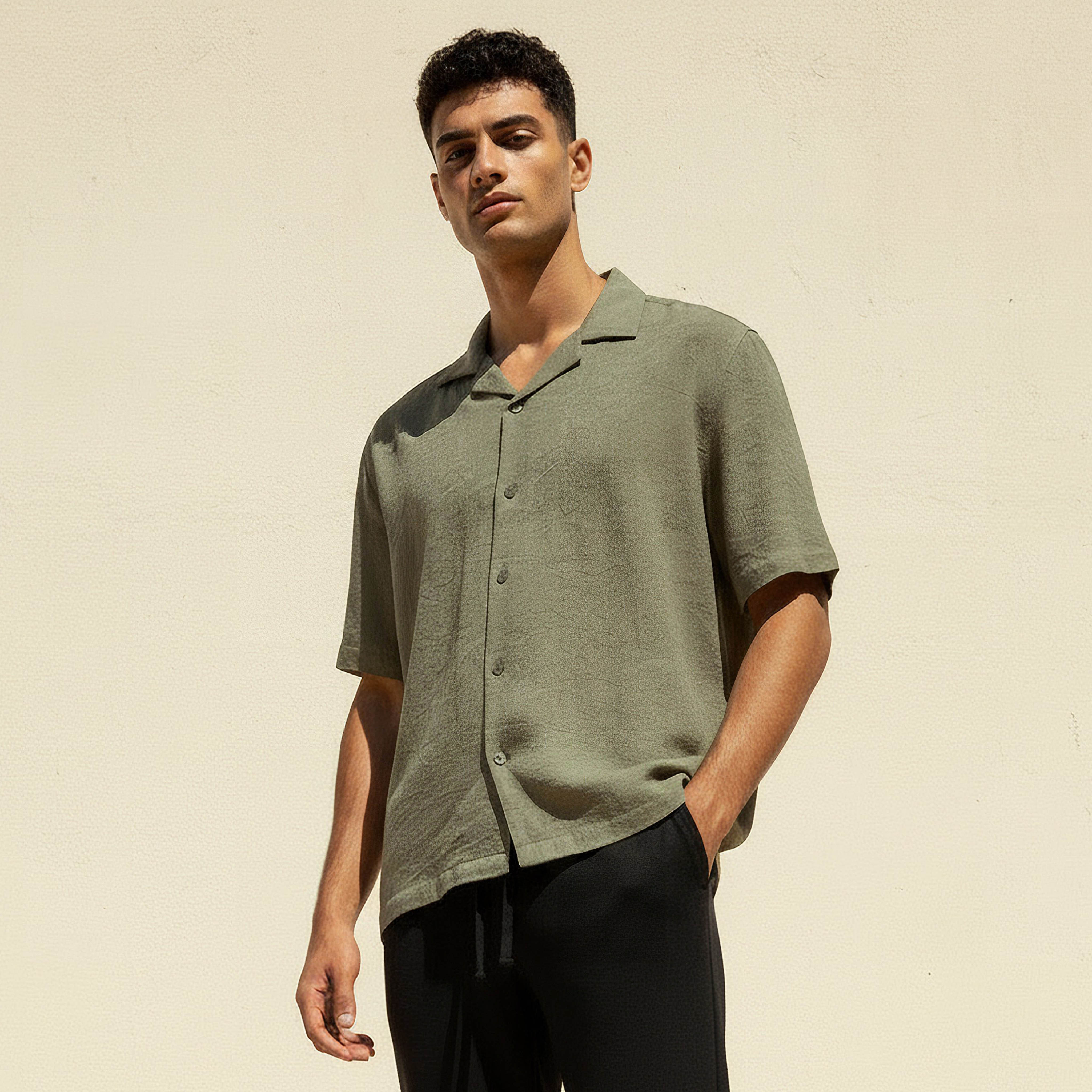 Men Regular Fit Cuban Collar Textured Short Sleeves Linen Blend Shirt-men-clothing-shirts-image-1