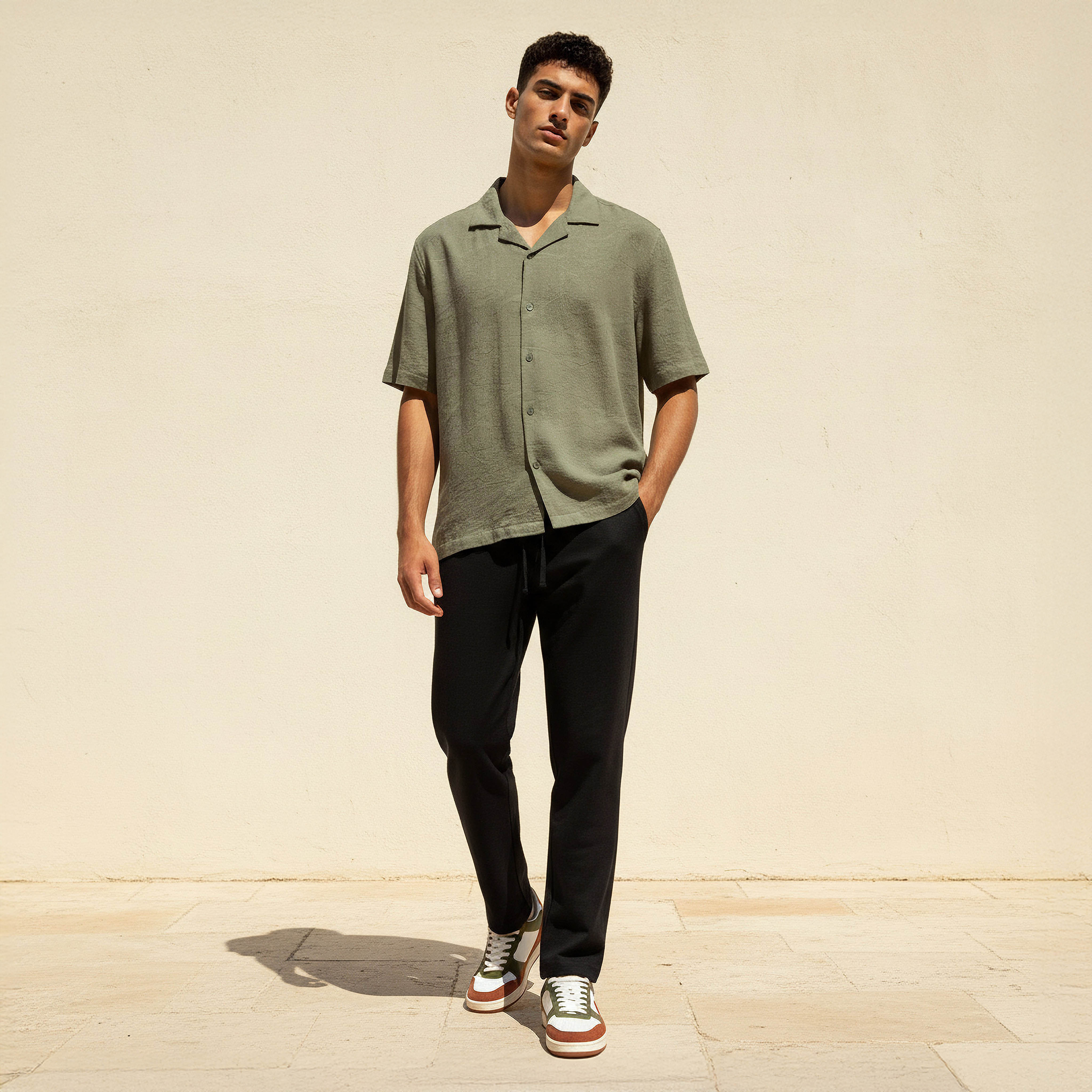 Men Regular Fit Cuban Collar Textured Short Sleeves Linen Blend Shirt-men-clothing-shirts-image-3