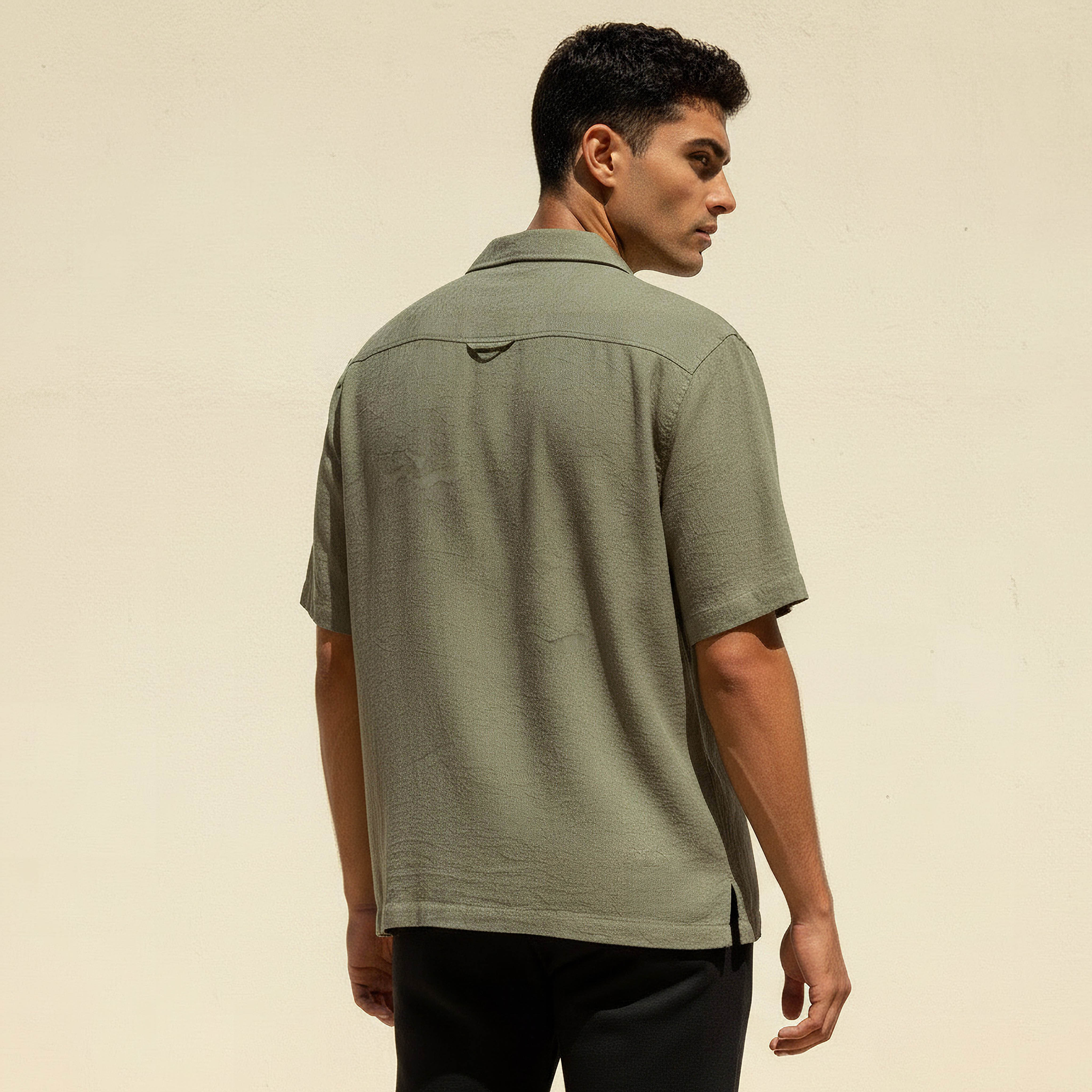 Men Regular Fit Cuban Collar Textured Short Sleeves Linen Blend Shirt-men-clothing-shirts-image-4
