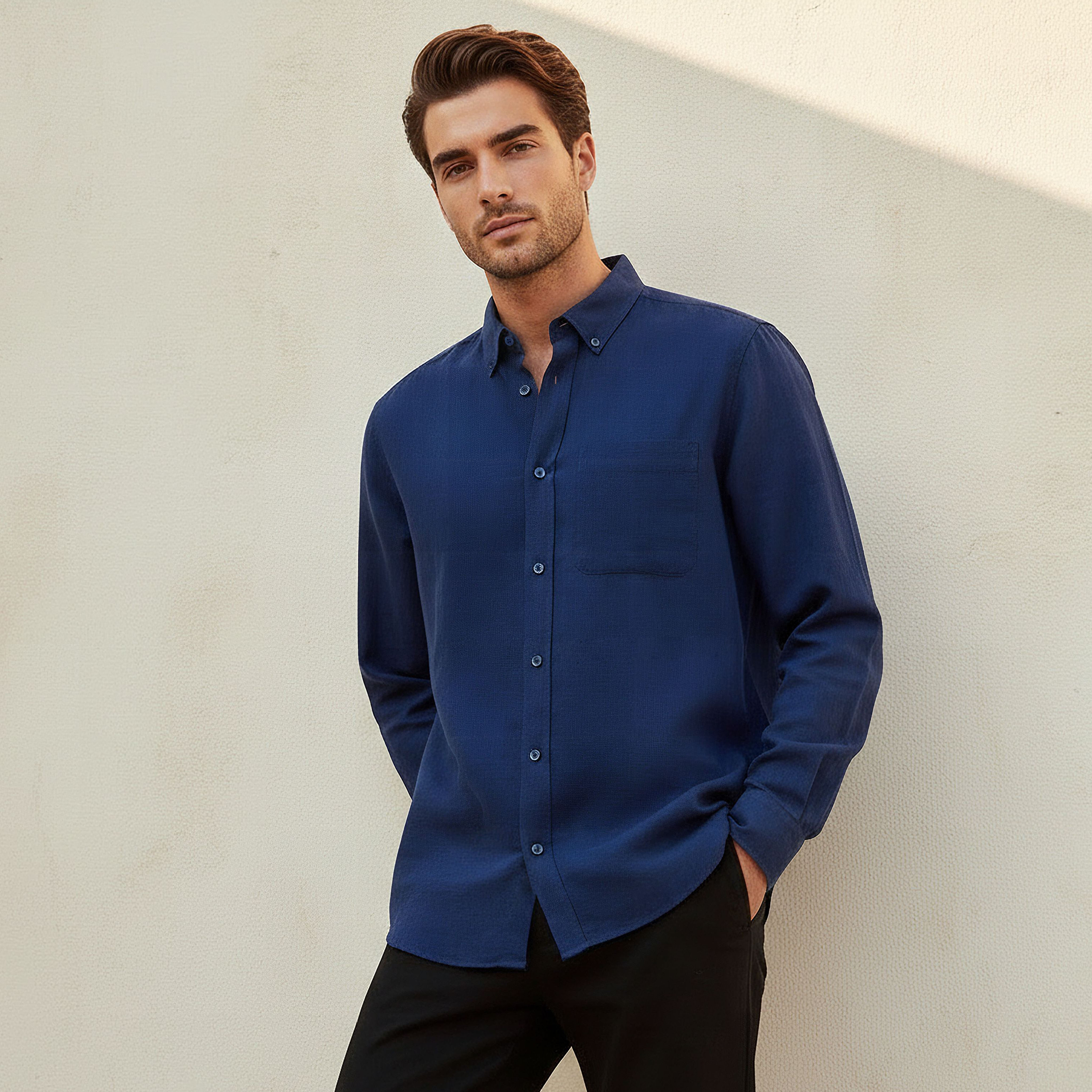 قميص من مزيج الكتان بقصة عادية وياقة عادية وأكمام طويلة وأزرار للرجال-men-clothing-shirts-image-1