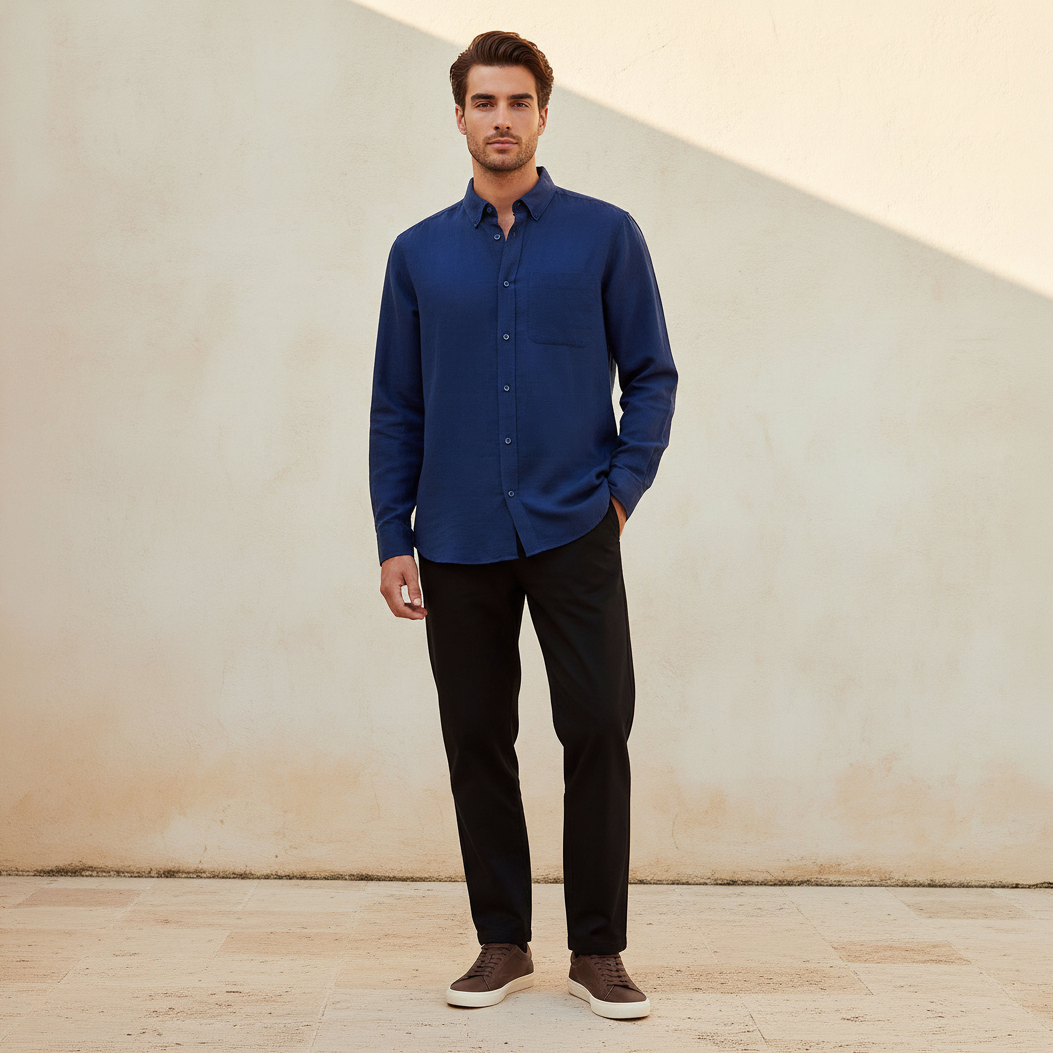 قميص من مزيج الكتان بقصة عادية وياقة عادية وأكمام طويلة وأزرار للرجال-men-clothing-shirts-image-3