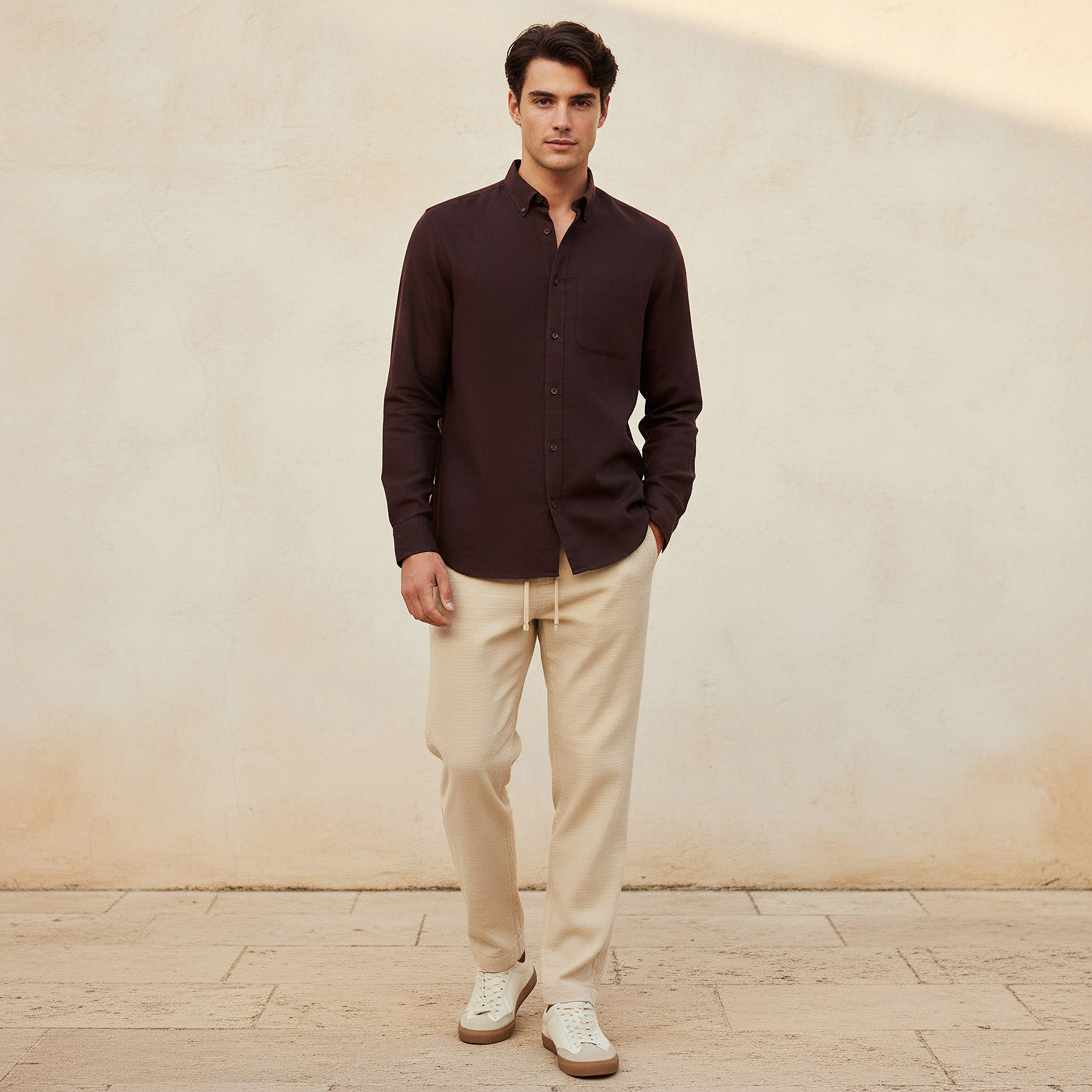 Men Regular Fit Collared Button-Down Long Sleeves Linen Blend Shirt-men-clothing-shirts-image-3