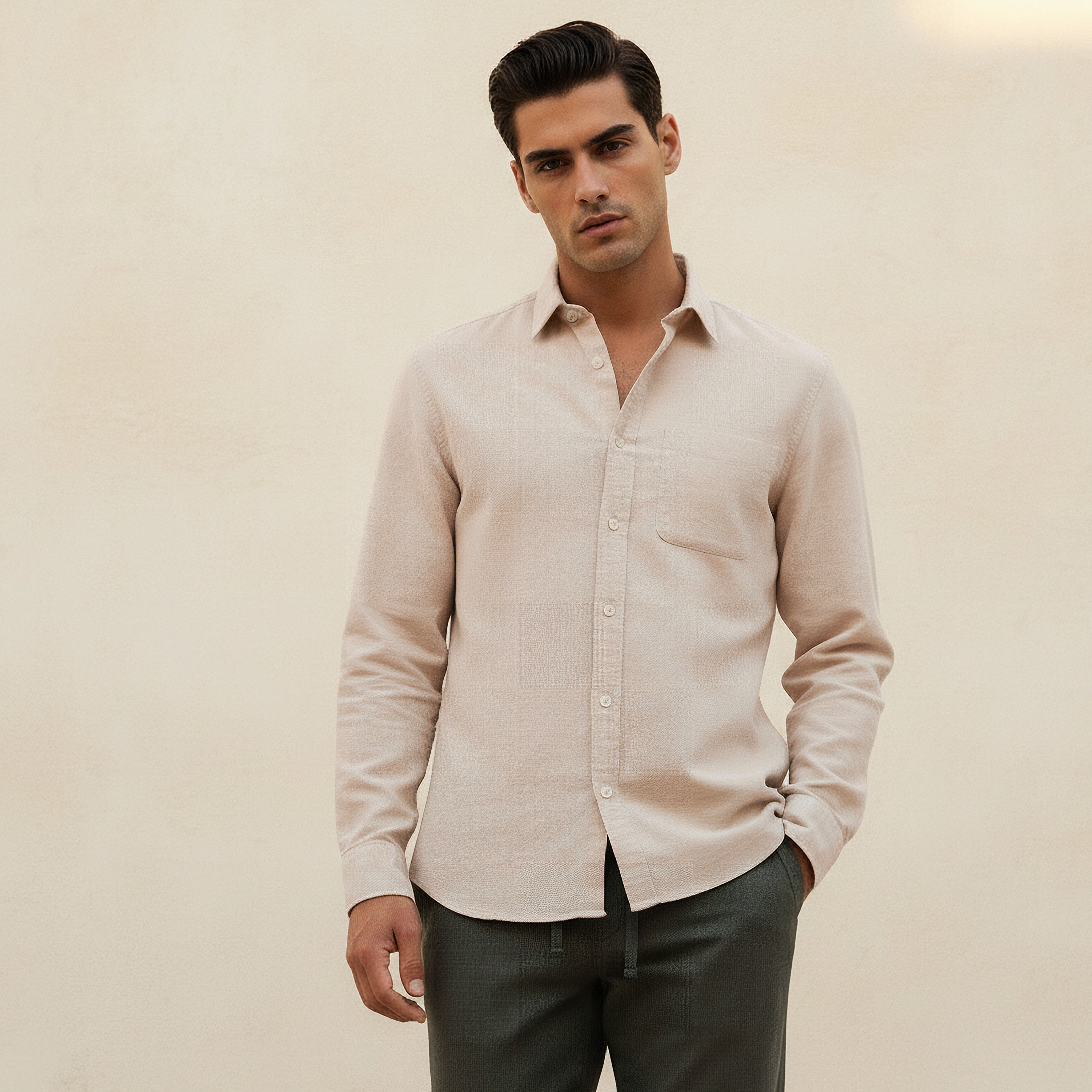 Men Regular Fit Collared Button-Down Long Sleeves Linen Blend Shirt-men-clothing-shirts-image-1