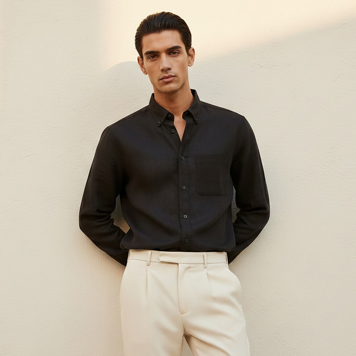 قميص من مزيج الكتان بقصة عادية وياقة عادية وأكمام طويلة وأزرار للرجال-men-clothing-shirts-image-1