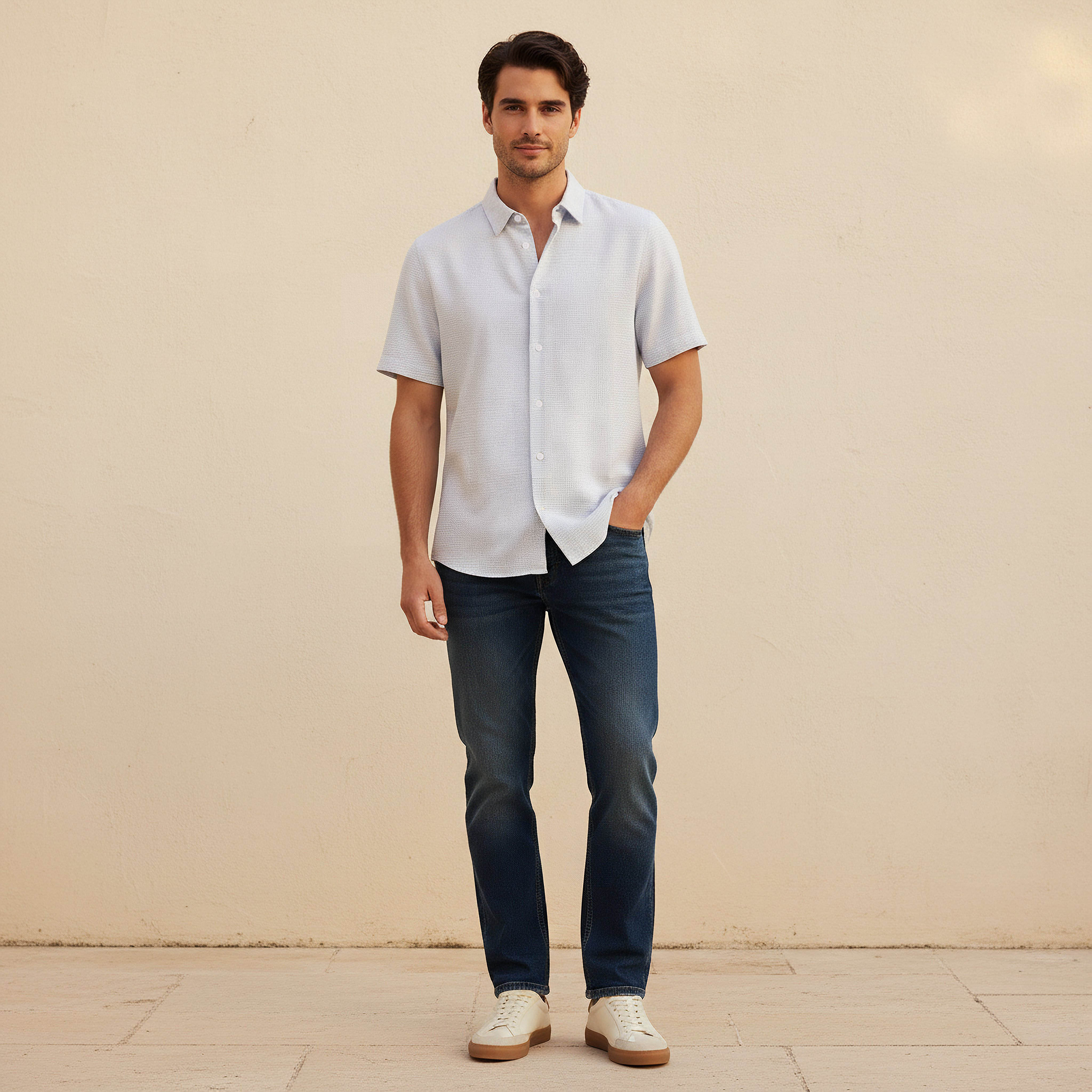 Men Regular Fit Collared Textured Short Sleeve Shirt-men-clothing-shirts-image-3