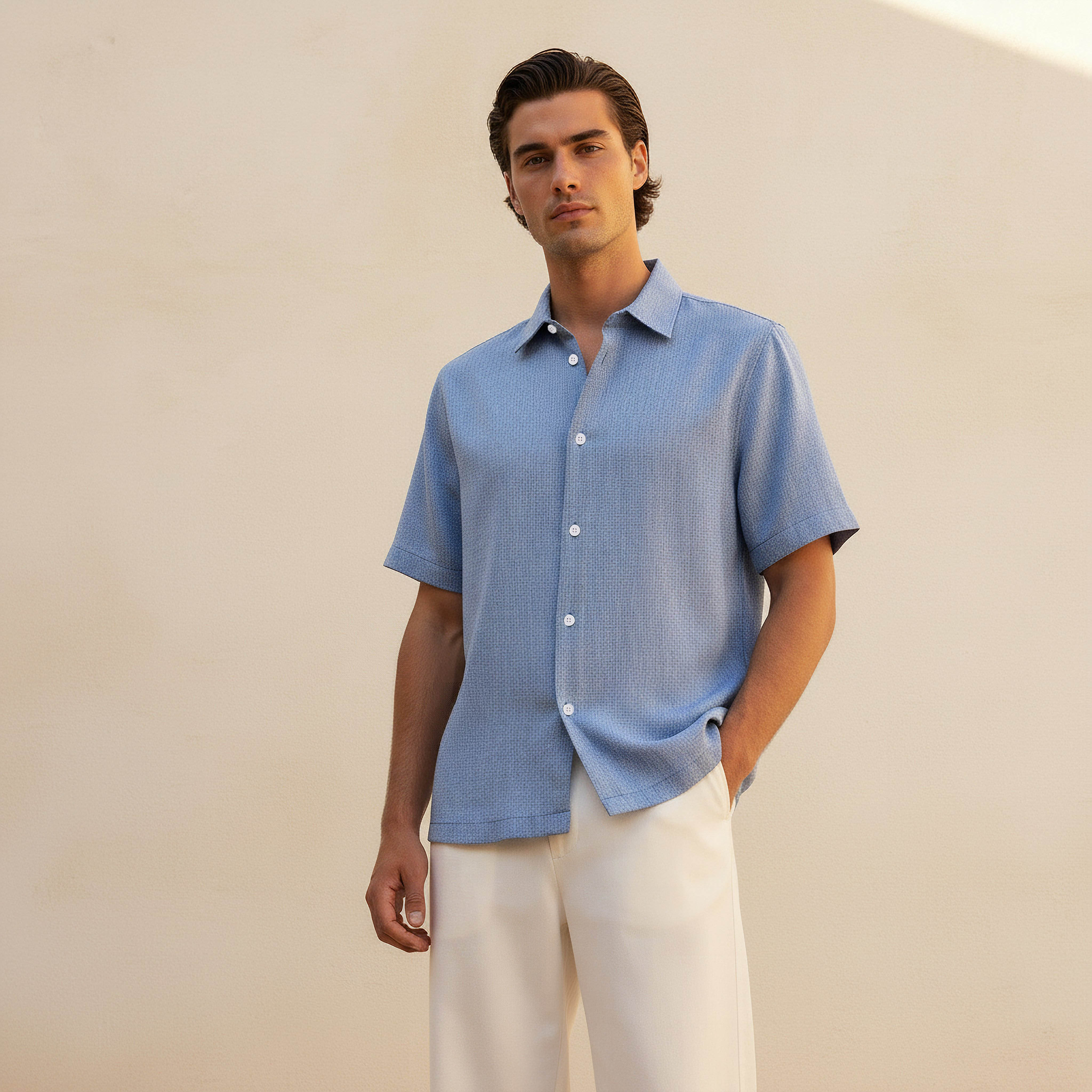Men Regular Fit Collared Textured Short Sleeve Shirt-men-clothing-shirts-image-1