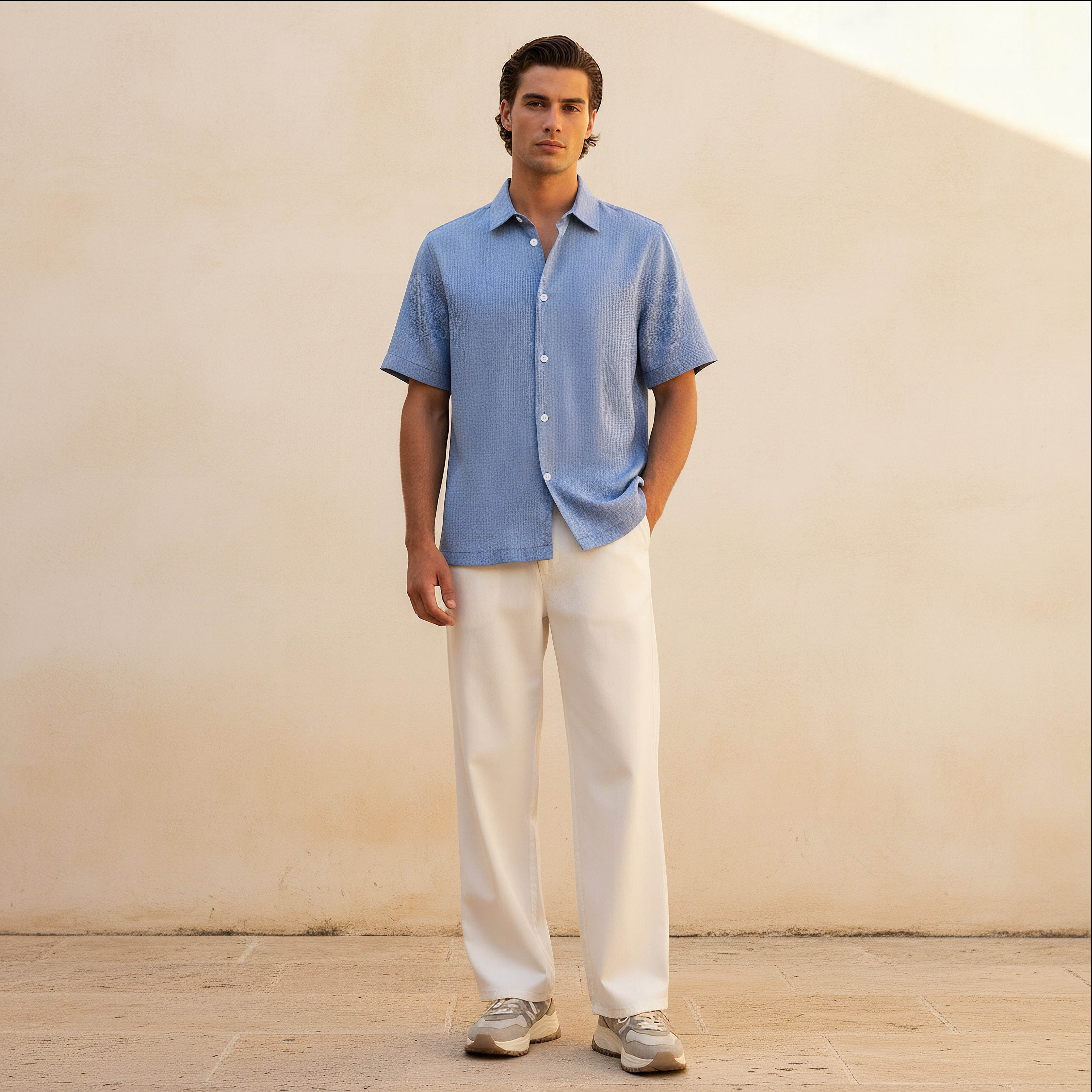 Men Regular Fit Collared Textured Short Sleeve Shirt-men-clothing-shirts-image-3