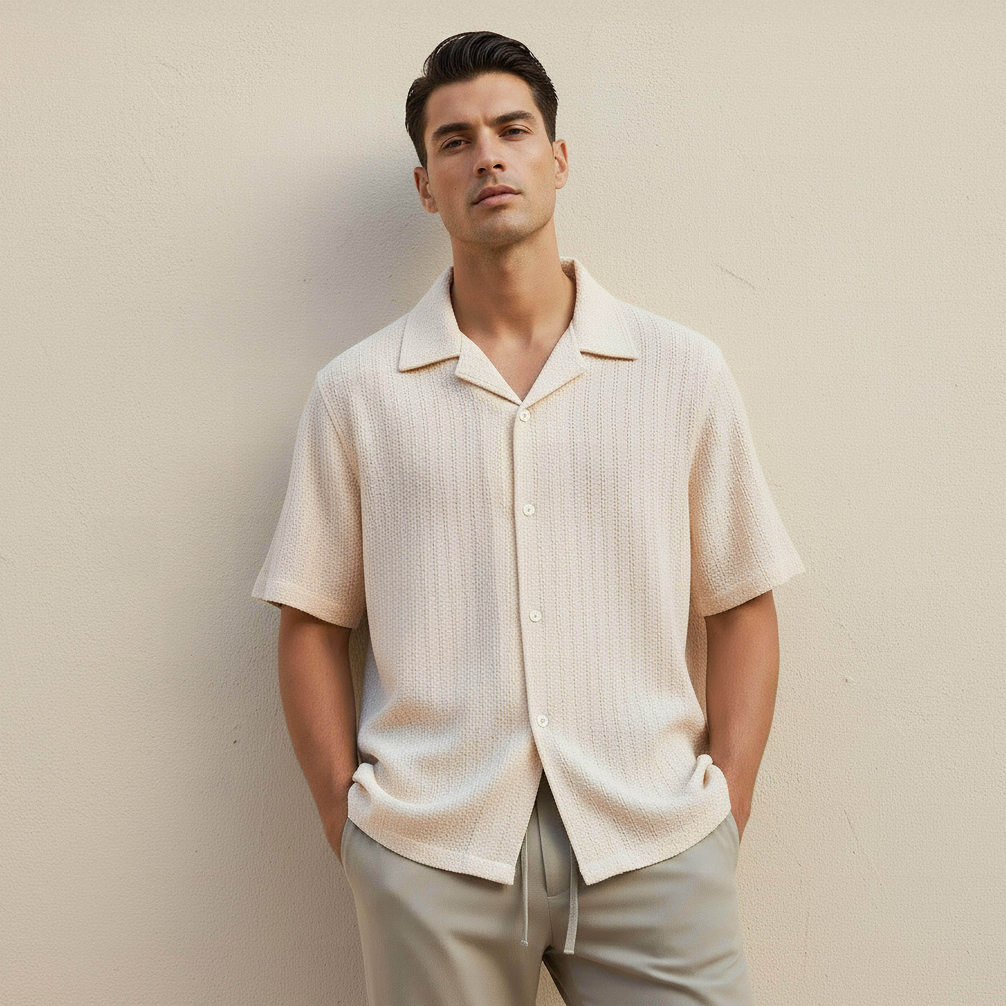 Men Regular Fit Camp Collar Textured Short Sleeves Shirt-men-clothing-shirts-image-1