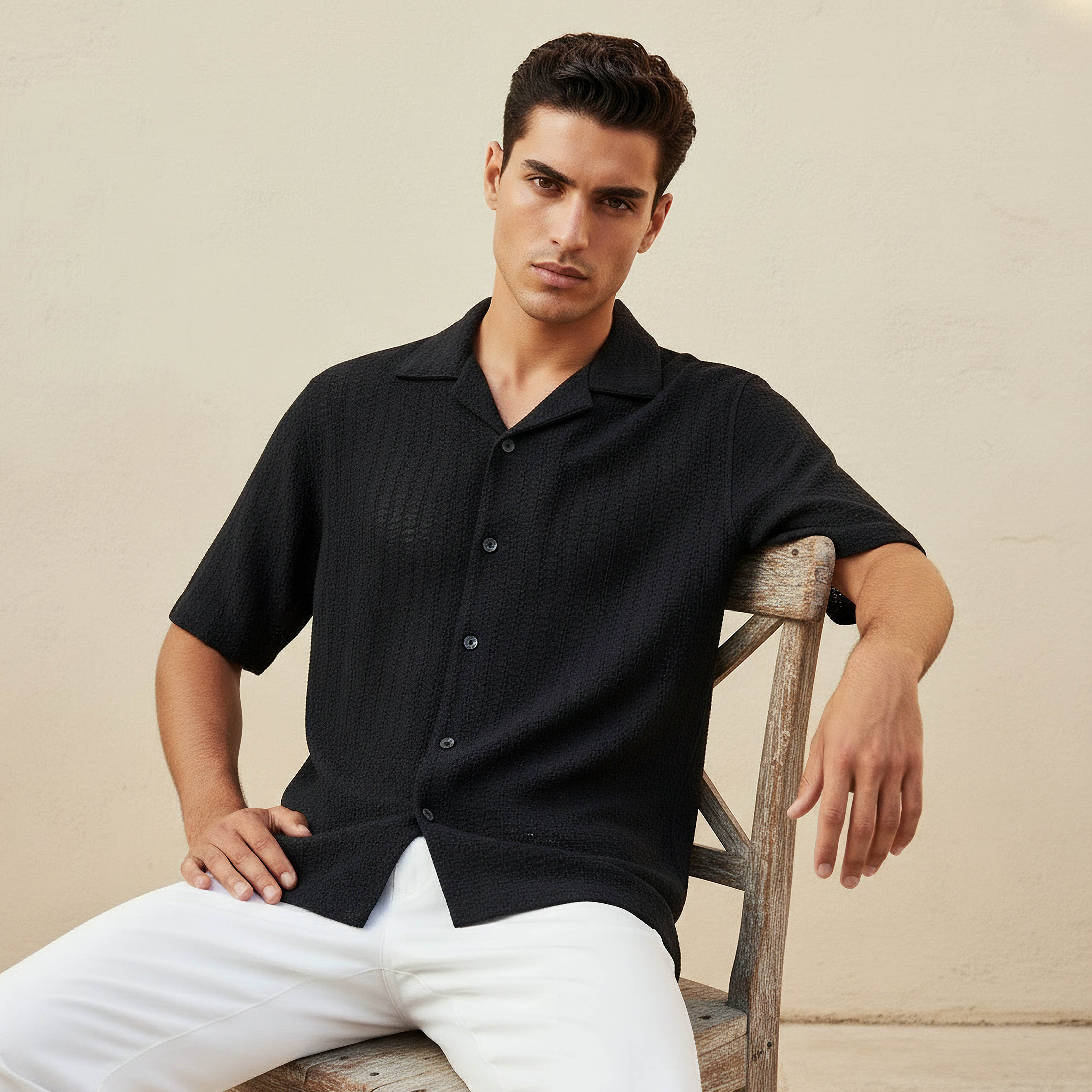 Men Regular Fit Camp Collar Textured Short Sleeves Shirt-men-clothing-shirts-image-1