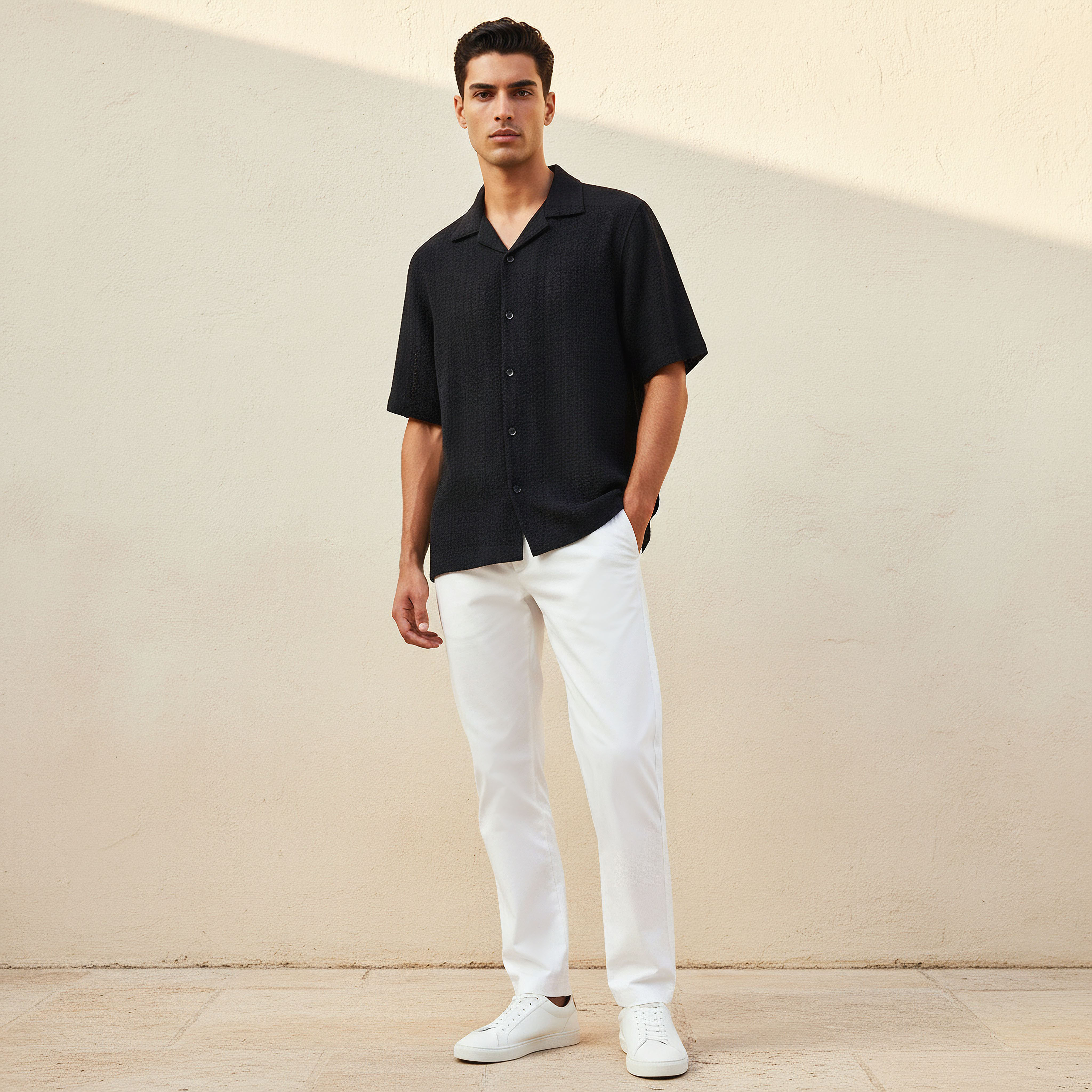 Men Regular Fit Camp Collar Textured Short Sleeves Shirt-men-clothing-shirts-image-3