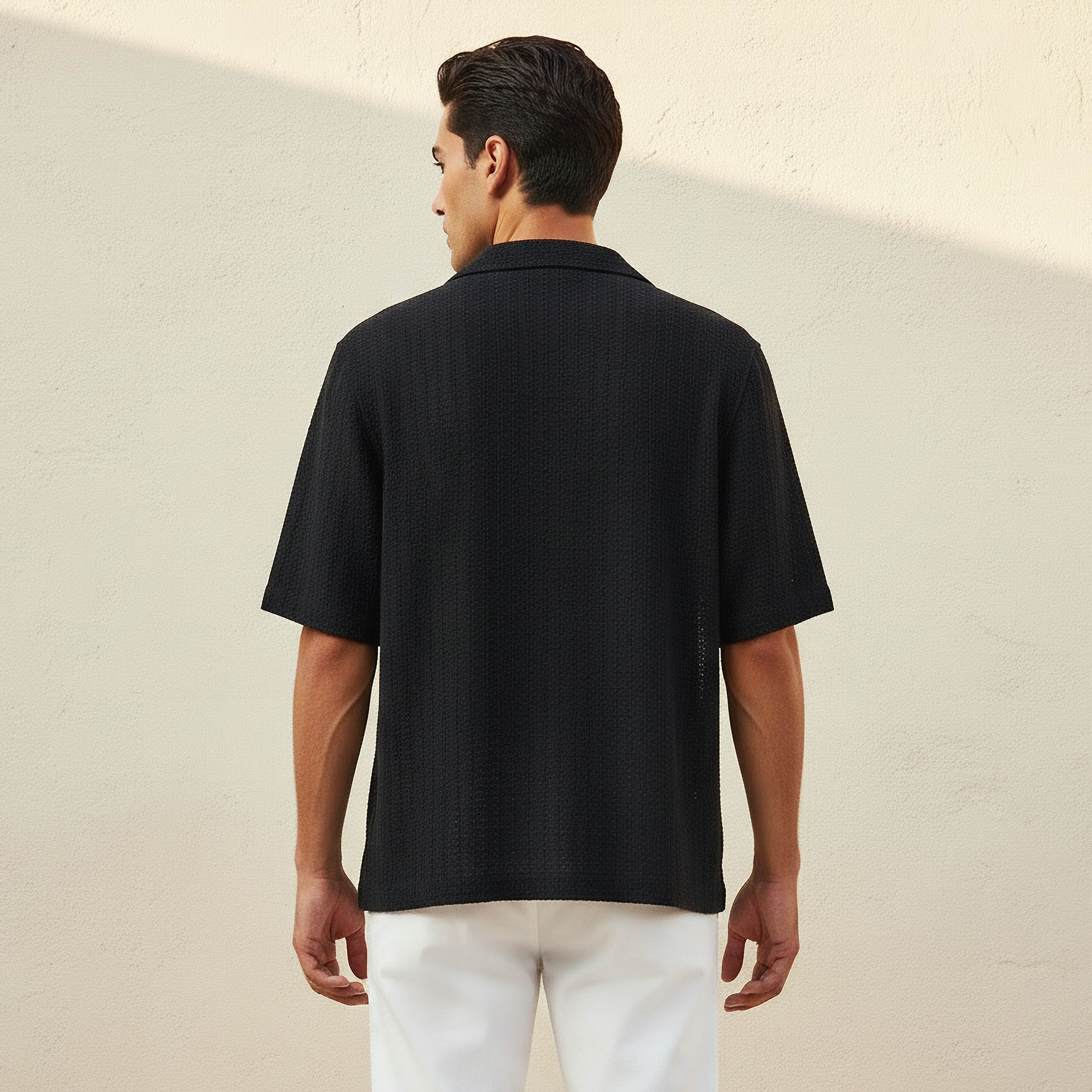 Men Regular Fit Camp Collar Textured Short Sleeves Shirt-men-clothing-shirts-image-4
