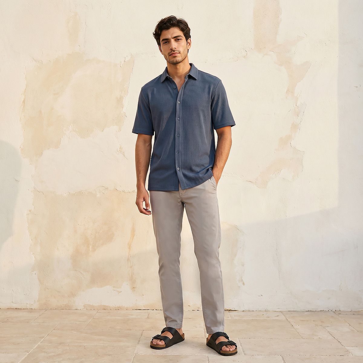 قميص بارز الملمس بقصّة عادية وياقة عادية وأكمام قصيرة للرجال-men-clothing-shirts-image-12