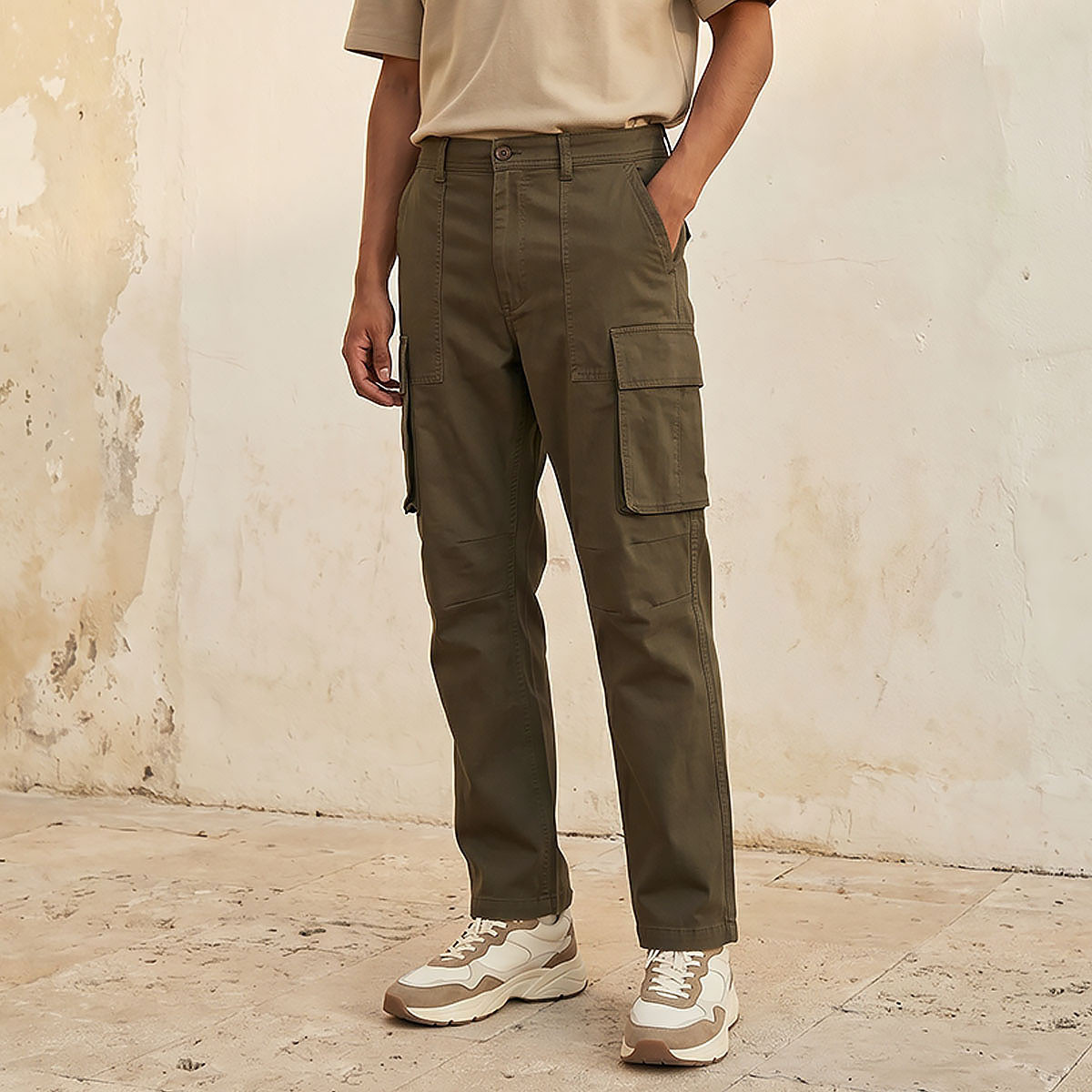 Men Regular Fit Twill Cargo Trousers-men-clothing-bottoms-trousersandchinos-trousers-image-1