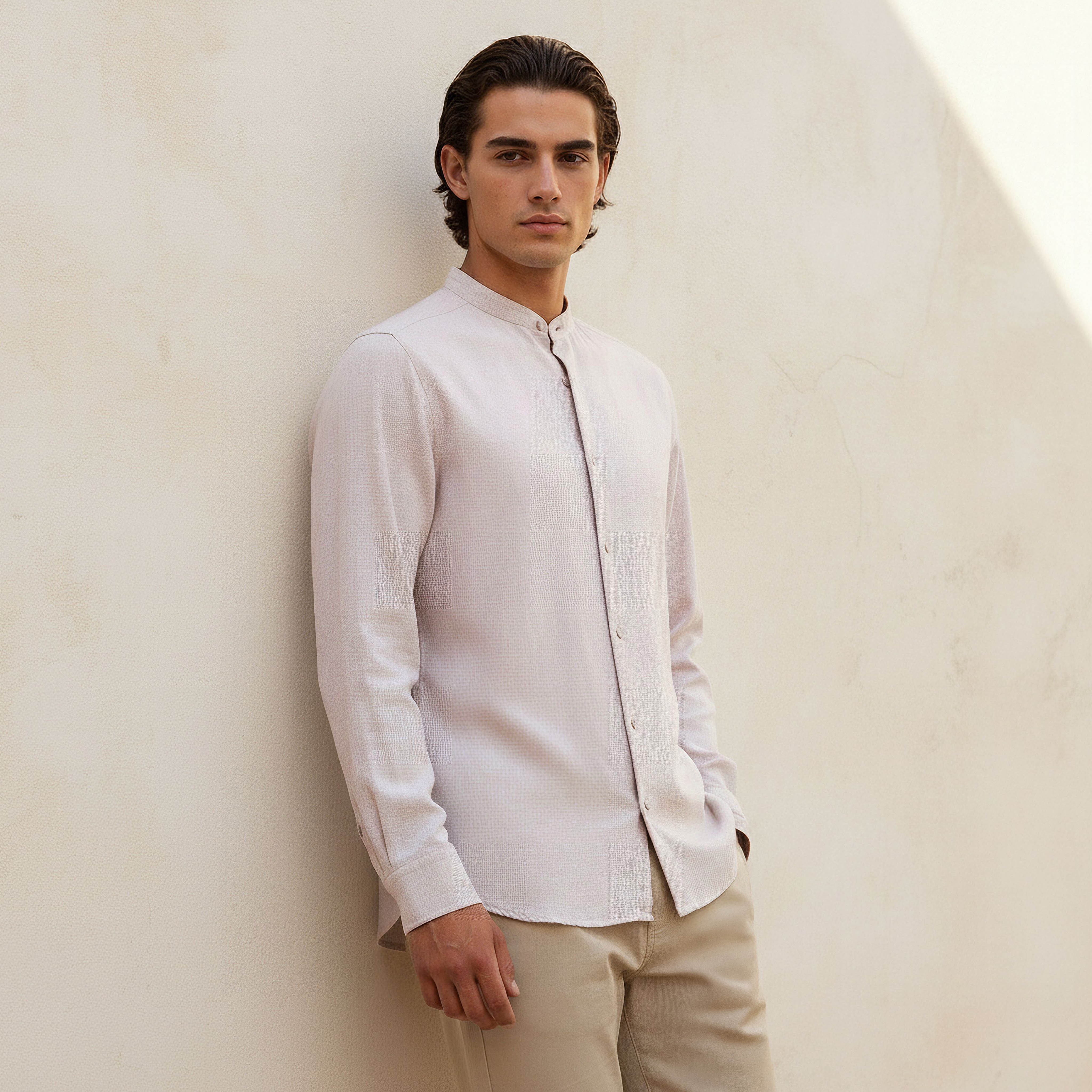 Men Regular Fit Mandarin Neck Houndstooth Long Sleeves Linen Blend Shirt-men-clothing-shirts-image-1