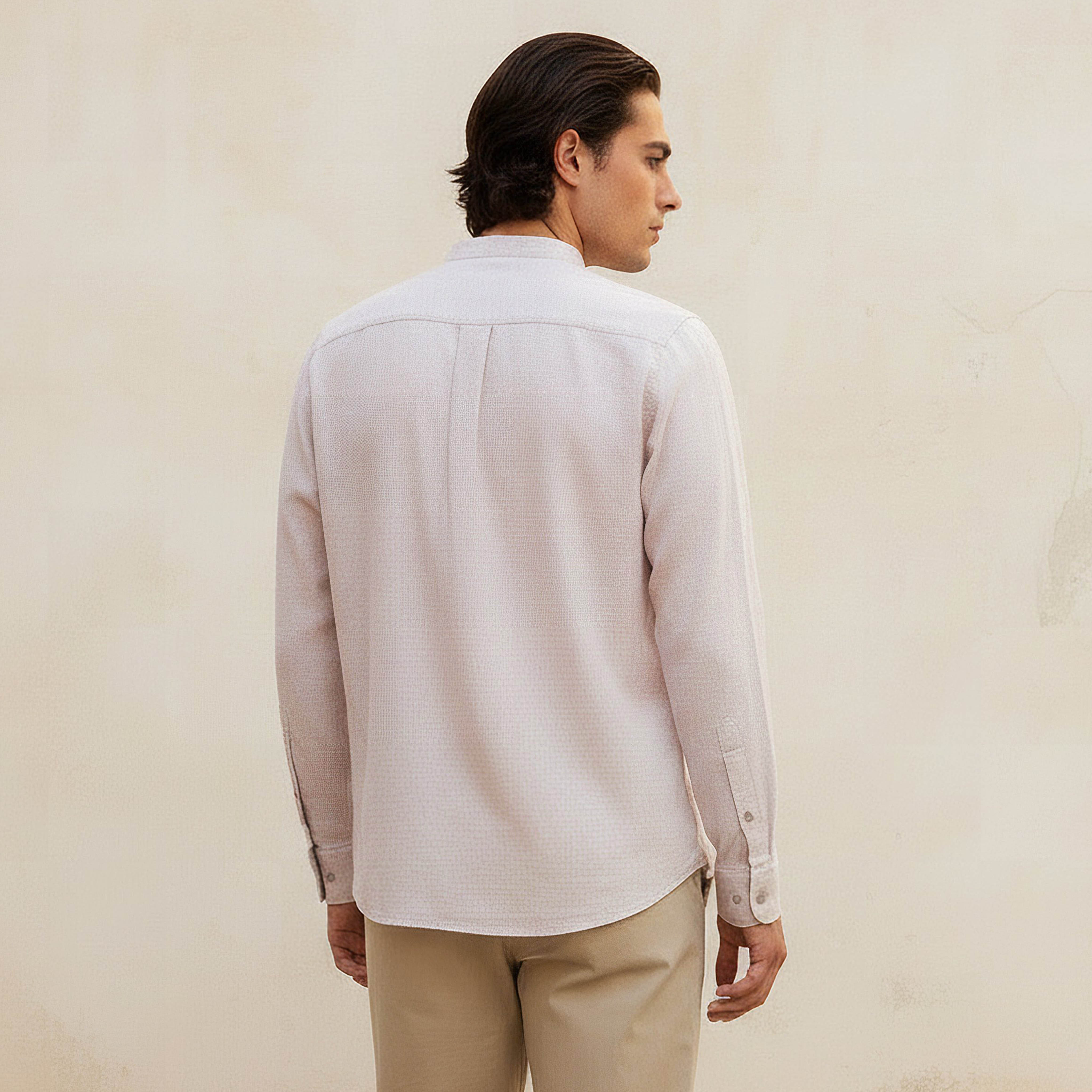 Men Regular Fit Mandarin Neck Houndstooth Long Sleeves Linen Blend Shirt-men-clothing-shirts-image-4