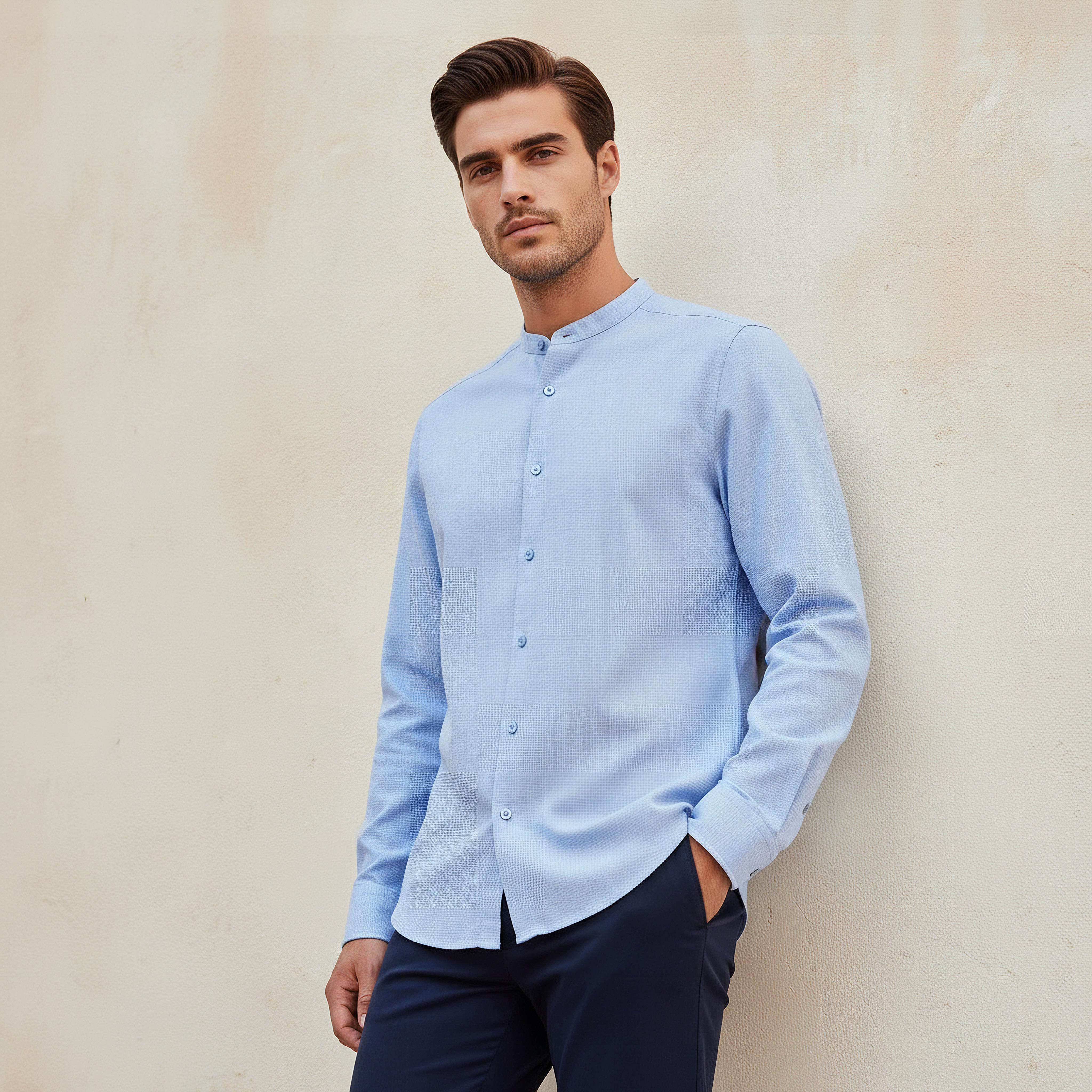 Men Regular Fit Mandarin Neck Houndstooth Long Sleeves Linen Blend Shirt-men-clothing-shirts-image-1